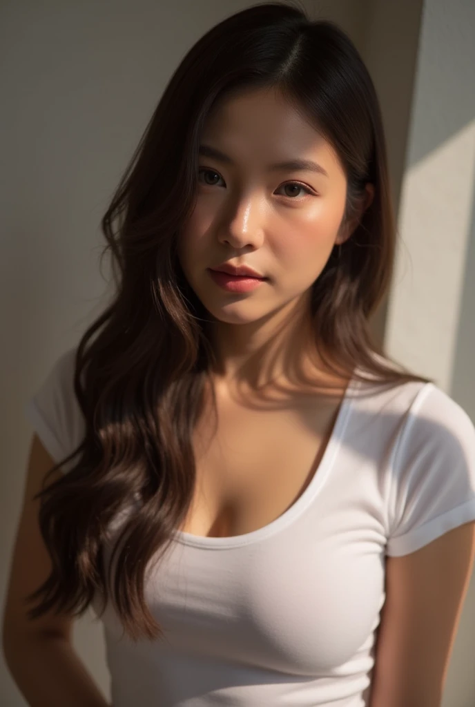 Fashion model 20 years old [[[[Close-up cleavage]]]], [[[[climaxing]]]], [[[[rapeseed]]]], [[[[shoulder]]]], perfect  eyes, Perfect iris，perfect lips，perfect teeth，Perfect Skin，soft front lighting，glowing light，HighDynamicRange，Pure white costume，tee shirt，(facial closeuprunette color hair），4K Ultra HD, 超高分辨率, (realistically: 1.4), Best quality，tmasterpiece，Ultra-diluted，（pastel colour：1.2）