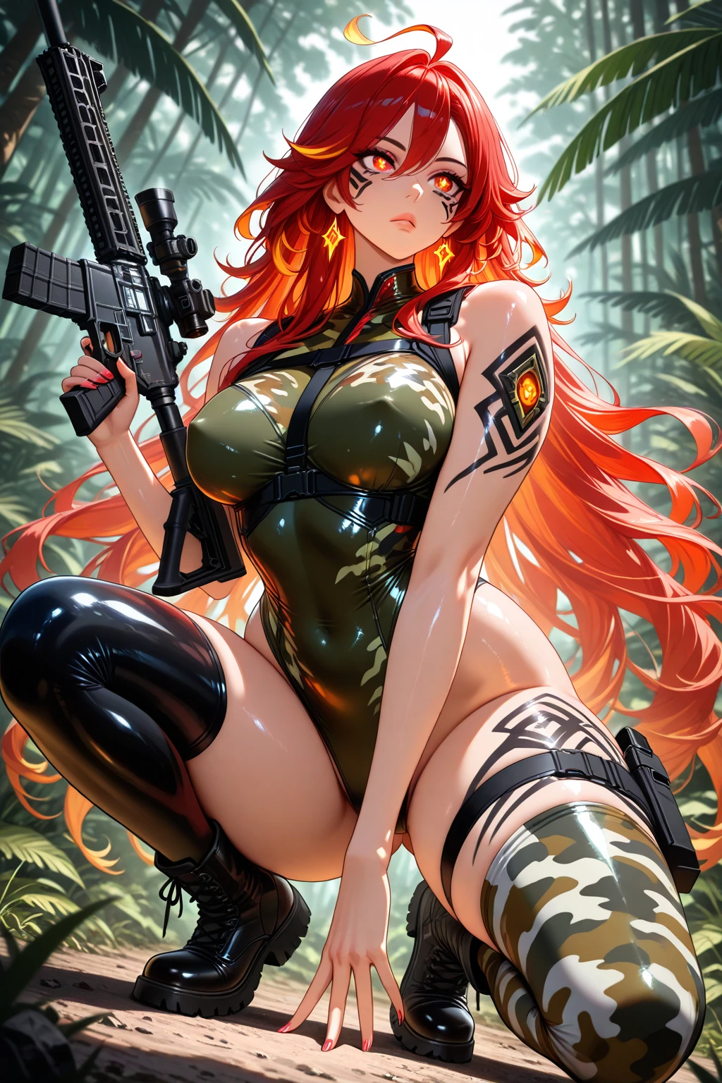 best quality,masterpiece,highres,original,extremely detailed wallpaper,perfect lighting,extremely detailed CG,perfect_photography.txt,
dslayer,sexy_scifi,doom slayer, 1woman 20 years old, max resolution, sculpted, military, wearing a soldier helmet, beautiful, perfect body, red hair, blue eyes, perfect body, thin waist, wide hips, large breasts, slim thighs, jungle background, armored vehicle, military robot dog, camouflaged uniform, tight panties, two-piece, highly detailed, high resolution, perfect hands, side view, camo, face fully turned to the side to look at the viewer, turn her head to look at the viewer, genuflection kneeling, one knee on ground, one knee up, holding up a rifle
(nsfw:0.55), ((flat chested, flat stomach, baby face)), (((vibrant colors))),((3d)), (intense colors)
