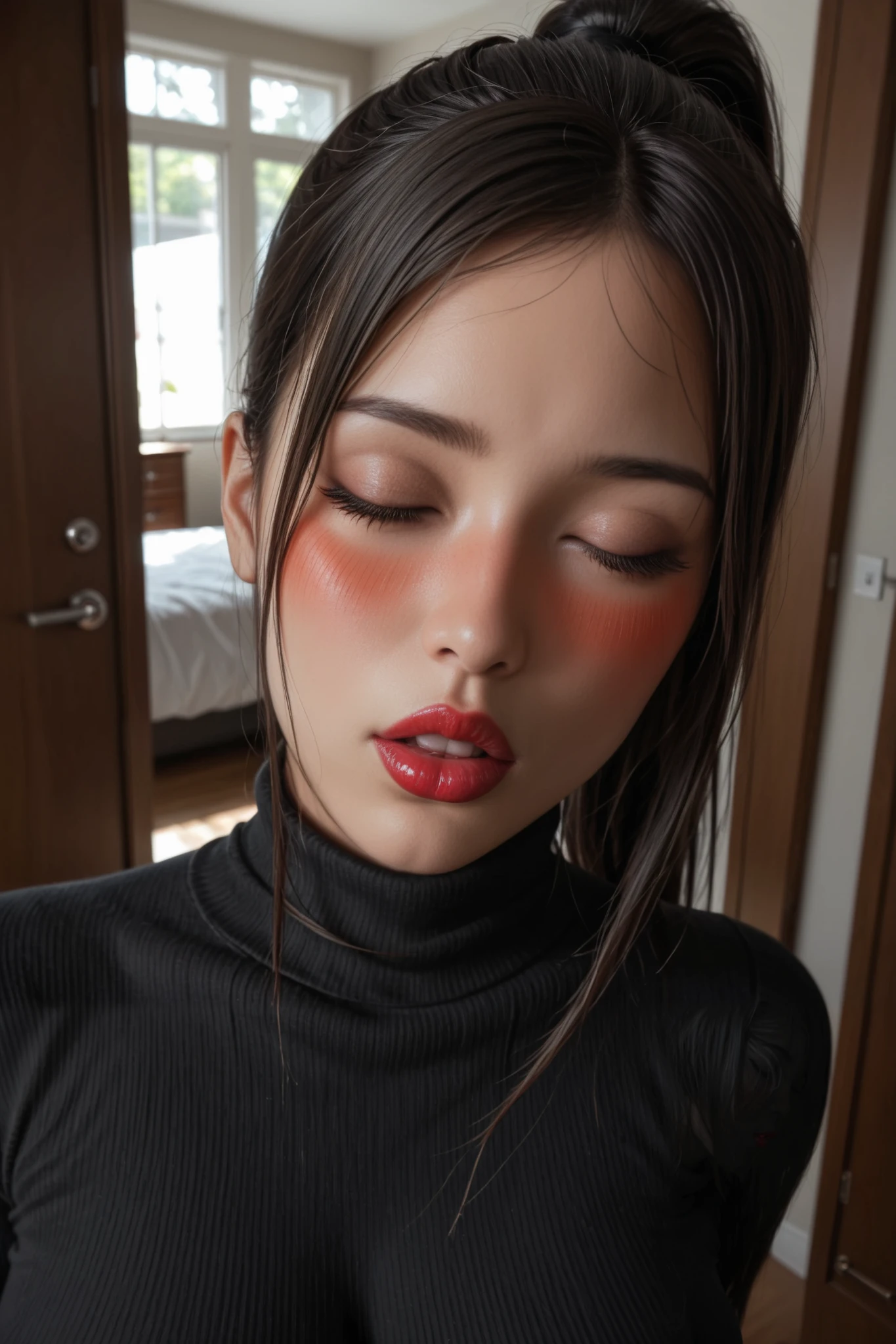 score_9, score_8_up, beautiful__asian solo girl, (darkredlipstick), thin face, apartment door,eyes closed, leaning in for a kiss mouth open, very tight black sweater, erect nipples(shoulder length black hair ponytail), large breasts, , , toned body, red fingernails, widehips, full lips, long eyelahses, blushing