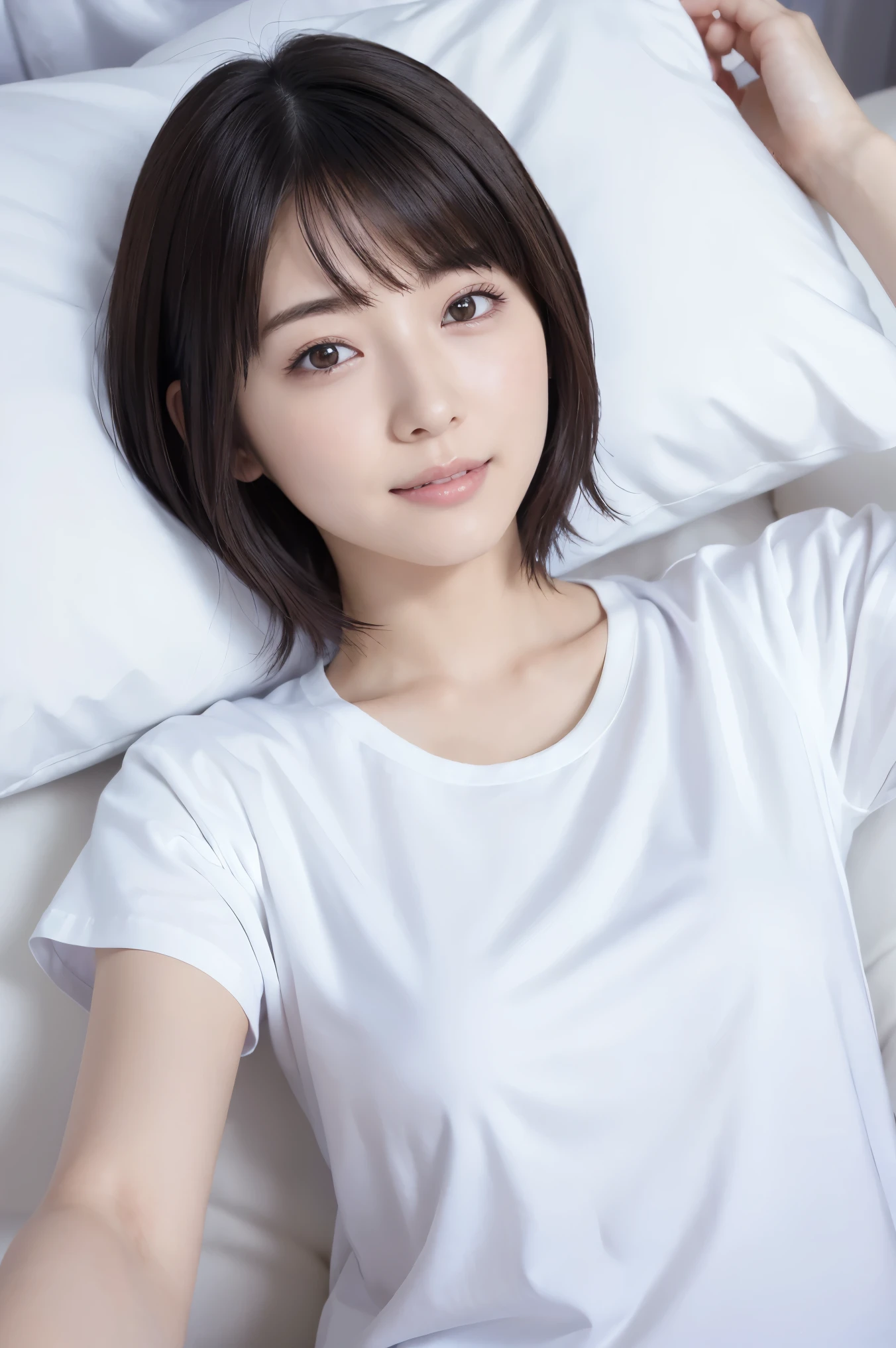 masterpiece, Best Quality , Woman Lying in Bed, ( beautiful女性、 white t shirt :1.2), (RAW 写真 Best Quality ), (reality, reality:1.4)、 iris、 very elaborate eyes and face, beautiful, detailed nose , beautiful目, perfect anatomy、 short hair、 Shiny Skins、 cool smile、 open your mouth 、Pillow、 photos、Lighting from above