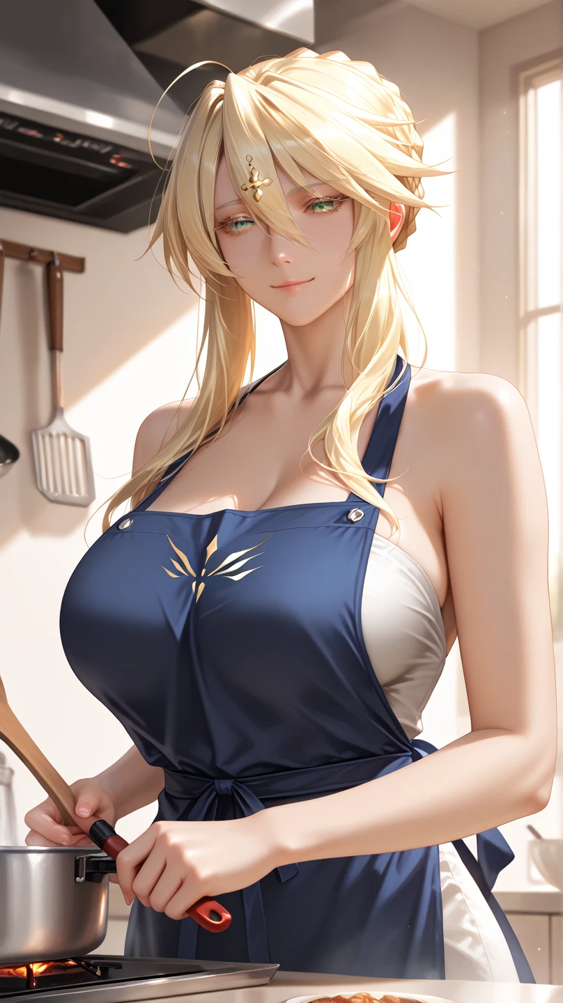 (Temari), ((((masterpiece, best quality, high resolution)))), 1girl, blonde hair, purple eyes, big breasts, blush, light smile, parted lips, glow, thighs, nipple, groin, lingerie, bare shoulders, collarbone, narrow waist, cleavage, (masterpiece), (beautiful detailed face, beautiful detailed eyes), (naked apron, kitchen, arms behind back,)
