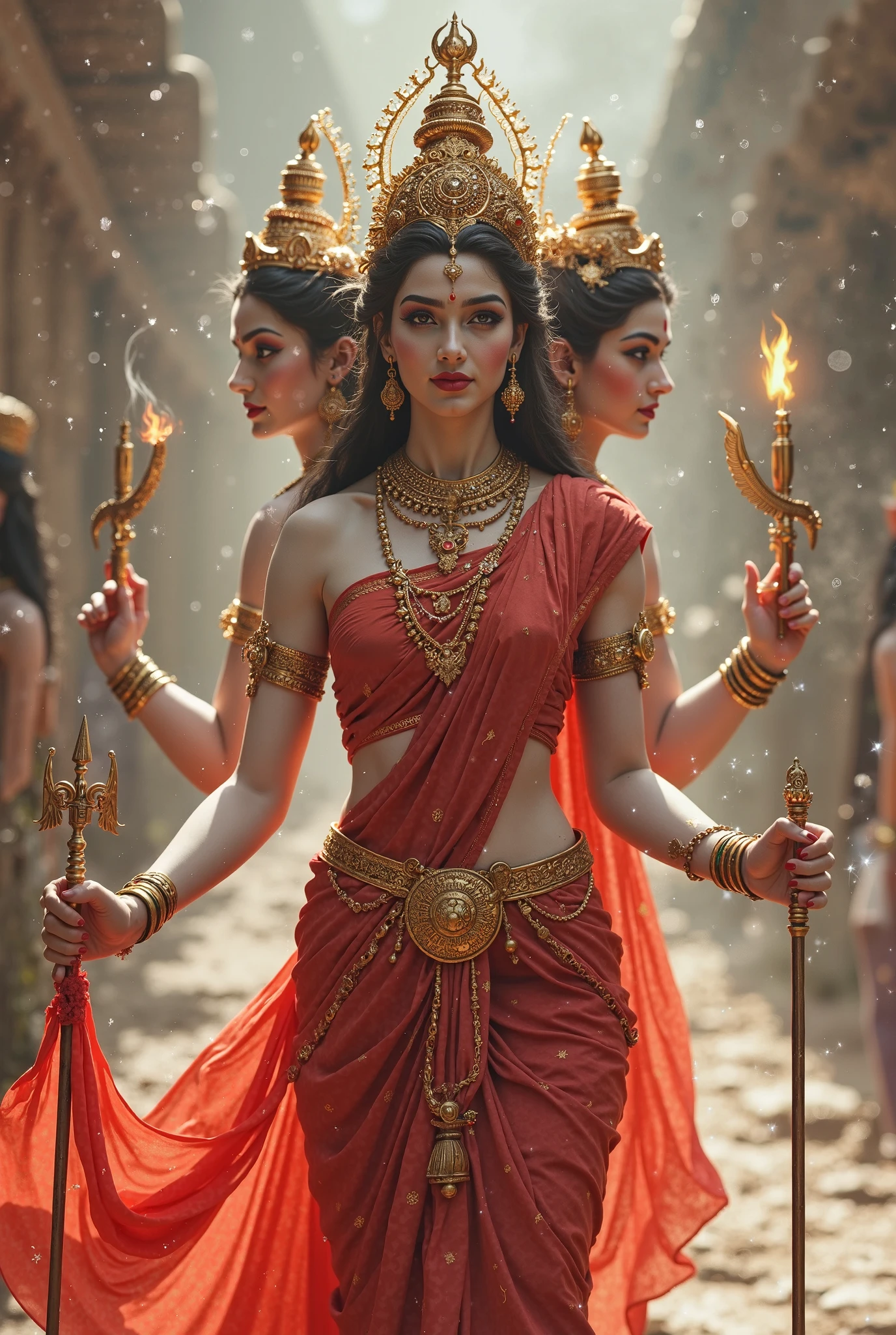 a bindi in the center of the forehead, beautiful royal temple, jewelry, joya, collar, gold bracelet, anklets, thick lips, hands on lips, cutaneous denture, lips parted, (detailed eyes), (seductive pose), ulzzang-6500-v1.1, (big breasts:1.2)
