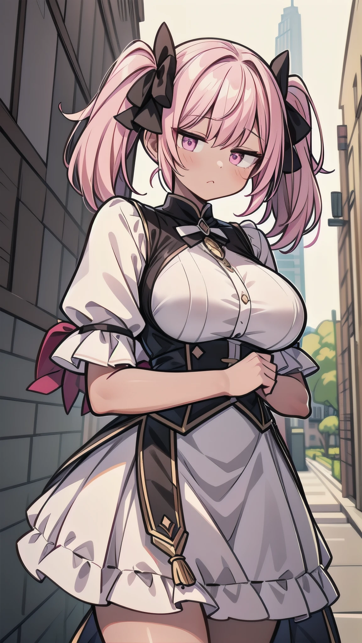 masterpiece, Best Quality, Super Detail, exquisite, beautiful,((1 person)), thick legs, Amorous face,(big sagging breasts:1.65), magical girl costume. (Pink and white dress),pink hair. twin tails,magic wand on the hill.(dark skin:1.3).(Mature Woman:2),Multiparous women,Age 32,My height is 190 centimeters,classroom,The piece on the side、A detailed alley,cowboy shot