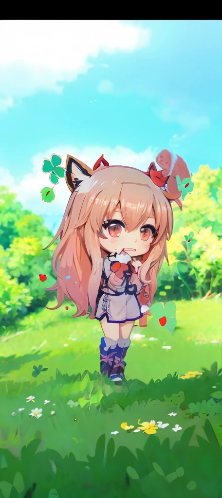 Chibi Cat、Bright background、Very cute、a blond、showy、Less exposure、tiny girl、Cherry blossom background、
