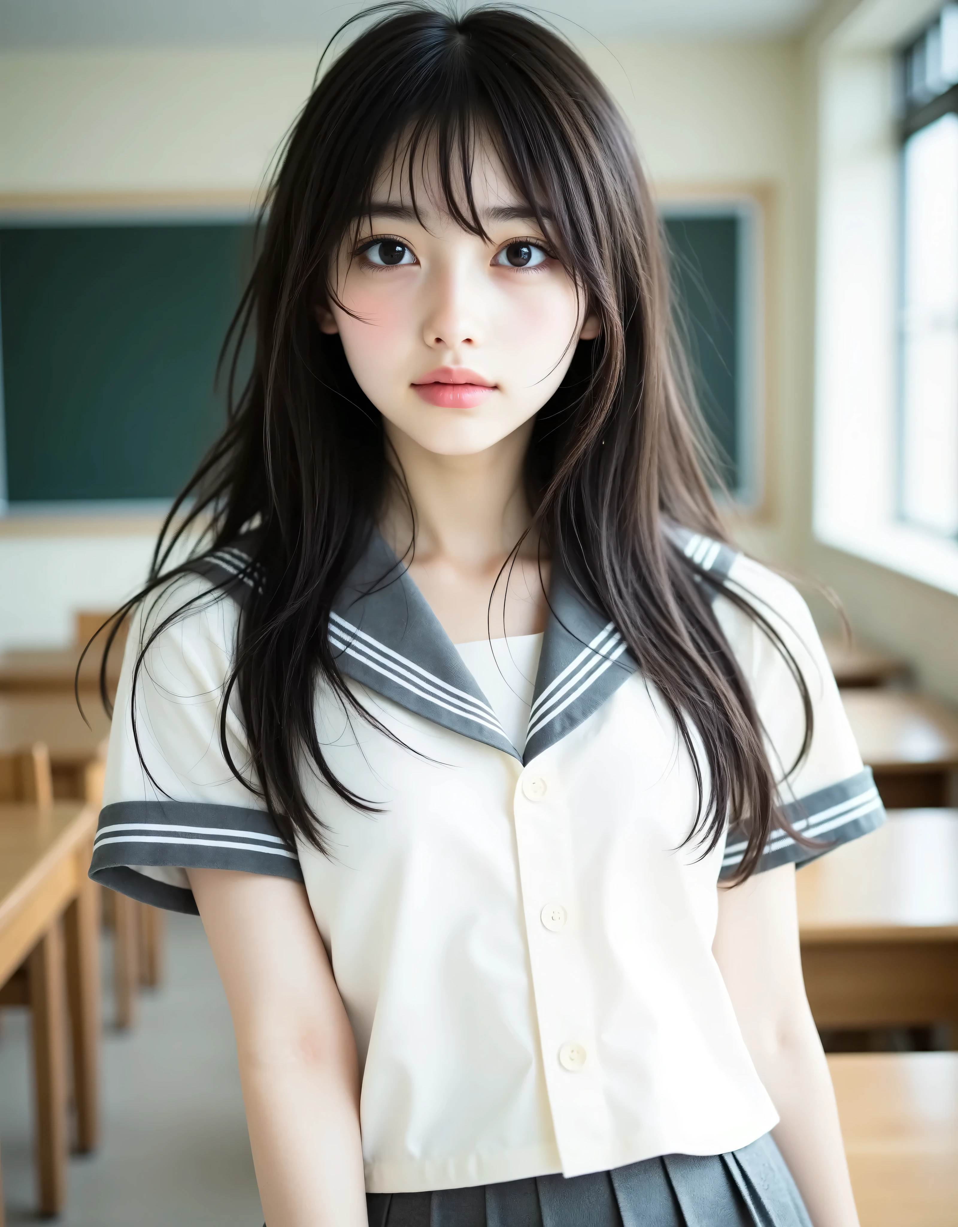 (Canon), (EOS R5), (50mm), (((photorealistic:1.5))), ( No Lens Flare :1.5), ((超high resolution)), (masterpiece), accurate,(Realistic texture skin), Super Detail, High detail, high quality DVD , winning work, 最high quality DVD, 32K, is written in depth, digital camera, award-winning glamour photo , professional lighting, (SFW), ((最high quality DVD:1.5)), ((masterpiece:1.5)), ((realistic)), high resolution,Realistic shadow, Roughness, Real Life,(very beautiful and cute single Japanese woman), (The cuteness of a top Japanese idol), ((Upper body shot seen obliquely from the front :1.5)), (( upper body shot from head to knee :1.5)), (( cute 18-year-old Japanese high school girl )), ((High School Classroom, desk, chair, blackboard, and window visible )), (((Short-sleeved sailor suit with all gray collar and clothes :1.8))), (((Sitting on a chair wearing a short-sleeved white summer suit with gray collar and breast and 3 white lines and a gray flared skirt with 1 big face:1.8))), (( short sleeve white sailor suit with gray collar and chest :1.8)), (( no front buttons on a sailor suit :1.8)), (( sailor suit bib is gray with 3 white lines :1.5)), (( gray flared skirt with 1 big face :1.5)), (( white scarf for sailor suit :1.8)), ((gray scarf closure :1.5)), ((No Accessories:1.5)), ((no earrings:1.5)), ((Without necklace:1.5)), ((Women's watch on her left arm )), ((very cute high school girl who feels young)), Attractive cuteness , Seductive Poses, Height: 160cm, slim figure, Beautifully shaped bust, D Cup, ((A little teeth showing, very cute smile:1.5)), (alone:1.5), (There is only one person in the classroom), (brown eyes:1.9), ( Detailed depiction of extremely realistic skin ), (Highly detailed, realistic eyes:1.9), ( extremely beautiful long realistic eyelashes ), (Highly detailed, realistic eyebrows), (丸いbrown eyes :1.8), ( beautiful catchlight on the eyes), (Realistic lips with moisture ), (White Realistic Teeth Arrayed Neatly), ( Beautiful and Detailed Face :1.6), (hourglass figure:1.6), (Wasp waist :1.5), (Perfectly round and beautifully shaped breasts:1.8), ( clearly contoured cheekbones :1.5), (perfect style body :1.8), (Healthy body :1.8), (Narrow shoulders:1.9), (staring at viewers), (mesmerizing gaze on the outer corner of the eye), (Beautiful, natural-looking hands), (beautiful pink nails with a beautiful length), ( show your hands as little as possible ), ( very cute smile:1.1), ( her stomach and navel may be slightly visible:1.4), (Dark Hair Medium Hair :1.3), (beautiful black hair), ( Has bangs), natural atmosphere, Very cute type, beautiful thighs, (( evening classroom )), (( with a pencil case and notebook on her desk :1.4)), (( show your hands as little as possible )), ((I can't show my feet)), blur the background, Illuminate the face, dynamic pose, beautiful body line , Beautiful, realistic skin , Art Photography, Beautiful Soft Writing, Accurate ,Accurate , Accurate,5 fingers on one hand ,((No watermark, No signature))