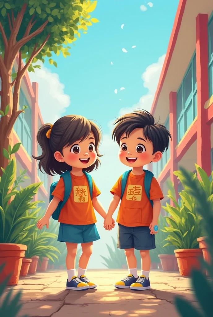 Make a Girl helping a boy when the boy gets stumbled. The details for the girl is Light brown Skin and light brown hair, and the boy is Black messy hair and light brown skin. And they are wearing school uniforms