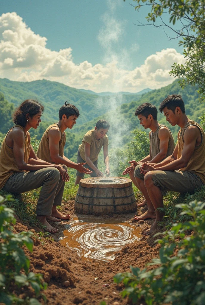 hyperrealistic photo of a 3 Malay man without clothes soaking in a large cauldron that is boiling at 100 degrees Celsius. Looks like a cauldron of boiling water being burned by fire, boiling smoke coming out of the cauldron on the background of a worn and old brick wall. The image is very detailed, clear and smooth