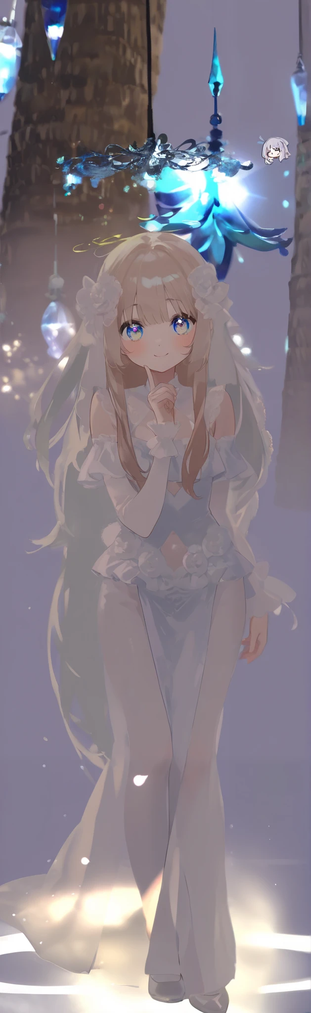 , smile, small 、 colorful eyes、young woman、simple background、pretty face、 、beautiful、round face、 A cute chibi character standing on、 solo