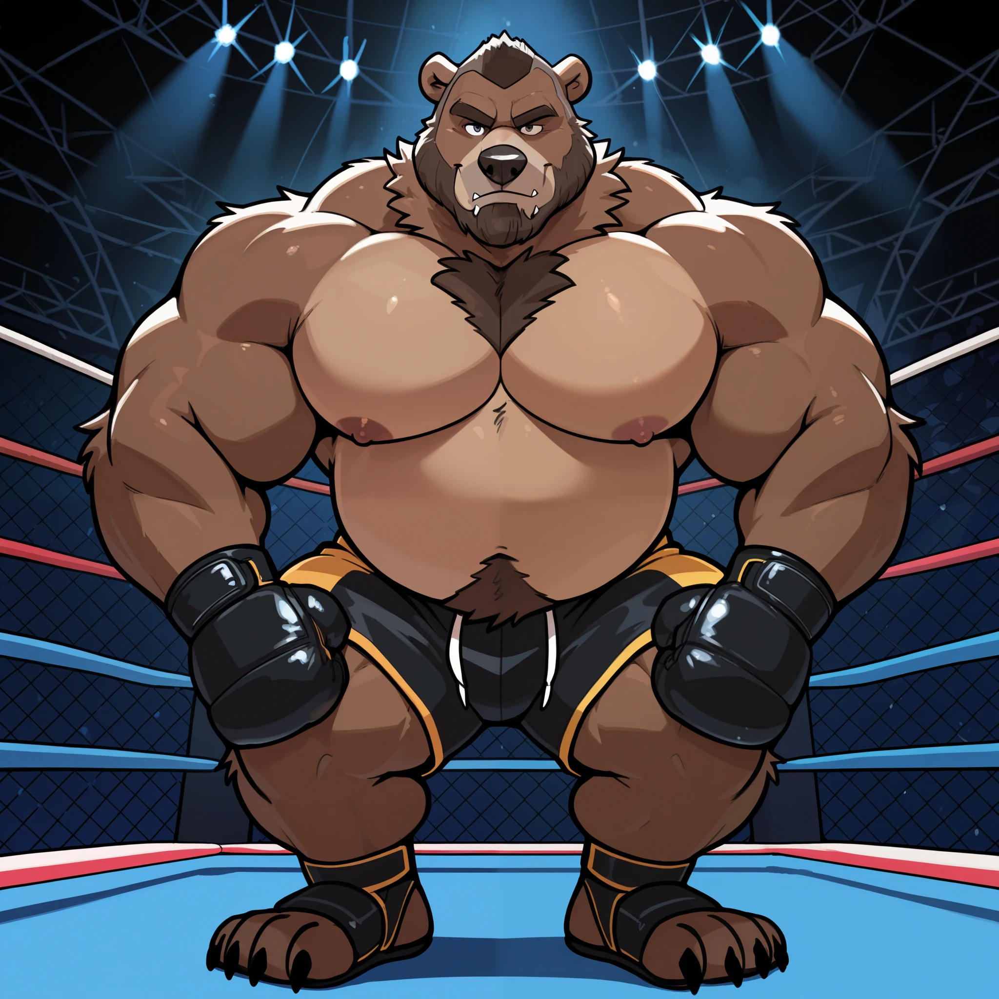 solo, massive muscular old man, grizzly bear, brown fur, in the fighting arena, cage ring background, old, detailed eyes, pec focus, buzz cut, shirtless, topless, flex, posing l, bearded, chubby, looking to viewer, very huge pectoral, black MMA shorts with blue slits, MMA gloves with knuckle pads, ankle support brace, detailed face:1.3, eyes, wide shoulder, thick arms, wide pectoral, huge muscle, short hair:1.2, masterpiece, cartoon:1.2, high detailed, 8k, high resolution