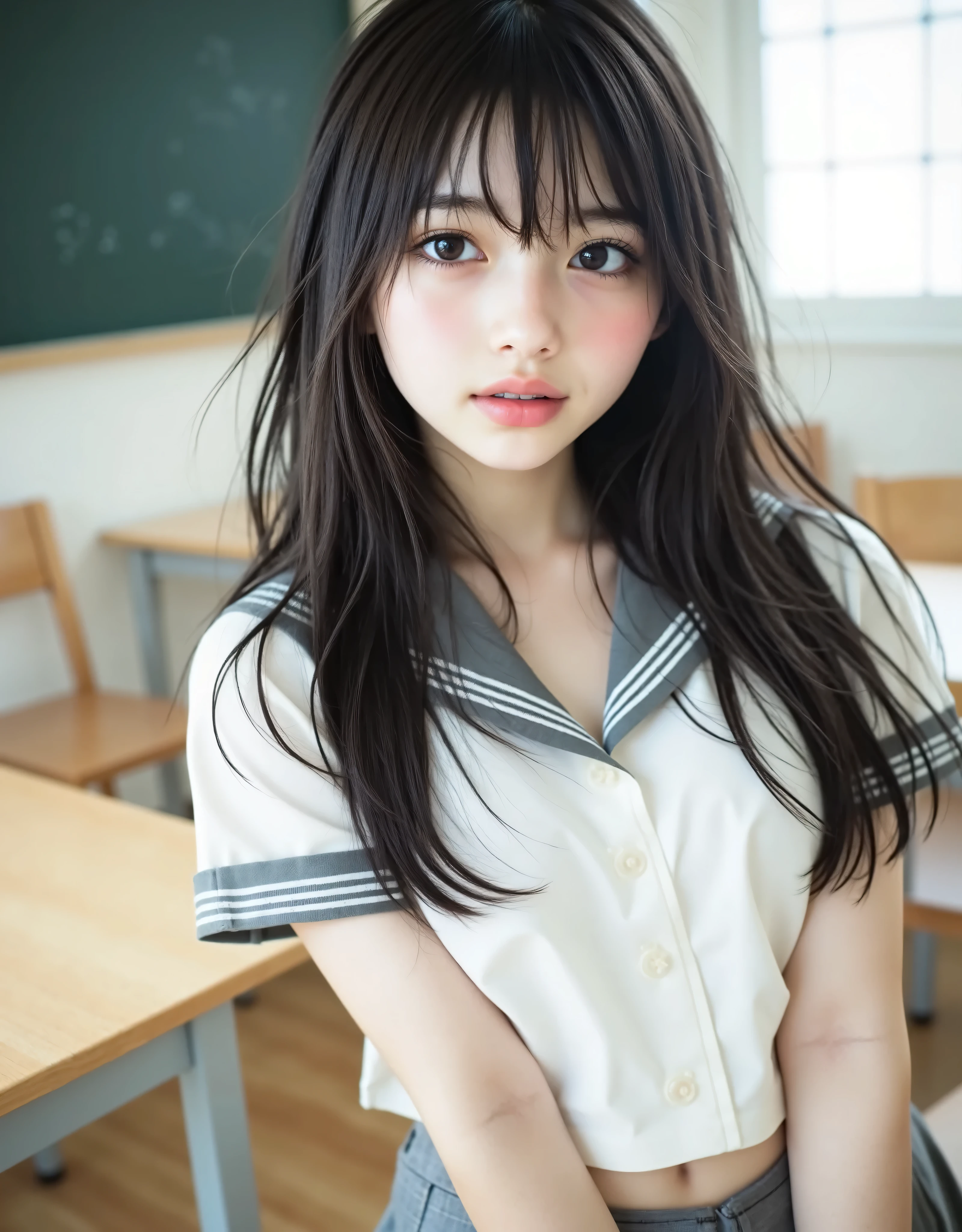 (Canon), (EOS R5), (50mm), (((photorealistic:1.5))), ( No Lens Flare :1.5), ((超high resolution)), (masterpiece), accurate,(Realistic texture skin), Super Detail, High detail, high quality DVD , winning work, 最high quality DVD, 32K, is written in depth,  digital camera, award-winning glamour photo , professional lighting, (SFW), ((最high quality DVD:1.5)), ((masterpiece:1.5)), ((realistic)), high resolution,Realistic shadow, Roughness, Real Life,(very beautiful and cute single Japanese woman), (The cuteness of a top Japanese idol), ((Upper body shot seen obliquely from the front :1.5)), (( upper body shot from head to knee  :1.5)), (( cute 18-year-old Japanese high school girl )), ((High School Classroom,  desk, chair, blackboard, and window visible )), (((Short-sleeved sailor suit with all gray collar and clothes :1.8))),  (((Sitting on a chair wearing a short-sleeved white summer suit with gray collar and breast and 3 white lines and a gray flared skirt with 1 big face:1.8))), (( short sleeve white sailor suit with gray collar and chest :1.8)), (( no front buttons on a sailor suit :1.8)), (( sailor suit bib is gray with 3 white lines :1.5)), (( gray flared skirt with 1 big face :1.5)), (( white scarf for sailor suit :1.8)), ((gray scarf closure :1.5)), ((No Accessories:1.5)), ((no earrings:1.5)), ((Without necklace:1.5)), ((Women's watch on her left arm )), ((very cute high school girl who feels young)), Attractive cuteness , Seductive Poses, Height: 160cm, slim figure, Beautifully shaped bust, D Cup, ((A little teeth showing, very cute smile:1.5)), (alone:1.5), (There is only one person in the classroom), (brown eyes:1.9), ( Detailed depiction of extremely realistic skin ), (Highly detailed, realistic eyes:1.9), ( extremely beautiful long realistic eyelashes ), (Highly detailed, realistic eyebrows), (丸いbrown eyes :1.8), ( beautiful catchlight on the eyes), (Realistic lips with moisture ), (White Realistic Teeth Arrayed Neatly), ( Beautiful and Detailed Face :1.6), (hourglass figure:1.6), (Wasp waist :1.5), (Perfectly round and beautifully shaped breasts:1.8), ( clearly contoured cheekbones  :1.5), (perfect style body :1.8), (Healthy body :1.8), (Narrow shoulders:1.9), (staring at viewers), (mesmerizing gaze on the outer corner of the eye), (Beautiful, natural-looking hands), (beautiful pink nails with a beautiful length), ( show your hands as little as possible ), ( very cute smile:1.1), ( her stomach and navel may be slightly visible:1.4), (Dark Hair Medium Hair :1.3), (beautiful black hair), ( Has bangs), natural atmosphere, Very cute type, beautiful thighs, (( evening classroom )), (( with a pencil case and notebook on her desk :1.4)), (( show your hands as little as possible )), ((I can&#39;t show my feet)), blur the background, Illuminate the face, dynamic pose, beautiful body line , Beautiful, realistic skin , Art Photography, Beautiful Soft Writing, Accurate ,Accurate , Accurate,5 fingers on one hand ,((No watermark, No signature))