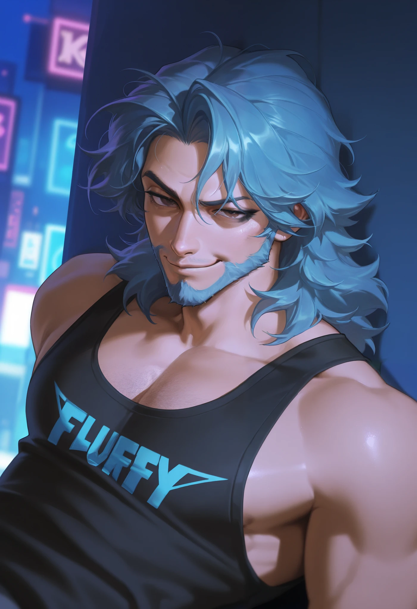 best quality, masterpiece \(quality\), L0LSPL4SH, year2024, year2023, 1male, mature male, solo, ((blue hair, blue facial hair)), (black tank top, streetwear), black eyeliner, Highest quality, masterpiece, 8K, japanese style, male, mature, tall, (masterpiece:1.3, best quality), (solo, upper body), upper body, waist, (stubble facial hair), smirking, cyberpunk background, BREAK, ((brown eyes)), ((blue medium hair, fluffy hair)), L0LSPL4SH, IllustriousQual, IllusP0s, leaning back, front view, smug, half lidded eyes), looking at viewer
