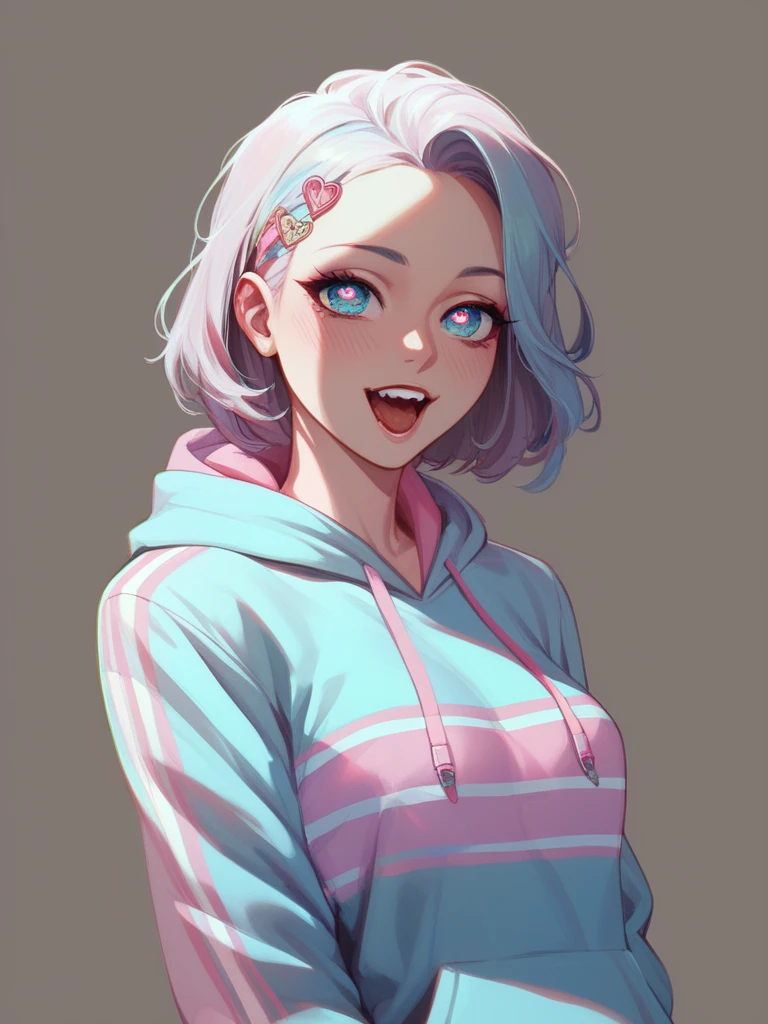 (masterpiece, best quality), 1girl, beautiful face, gwendolyn_tennyson, breasts, (1girl, solo:1.3),, blank background,, nude, medium shot, upper body, detailed face,smile, open mouth, long sleeves, raglan sleeves, ,multicolored shirt, tongue out, graphic shirt,