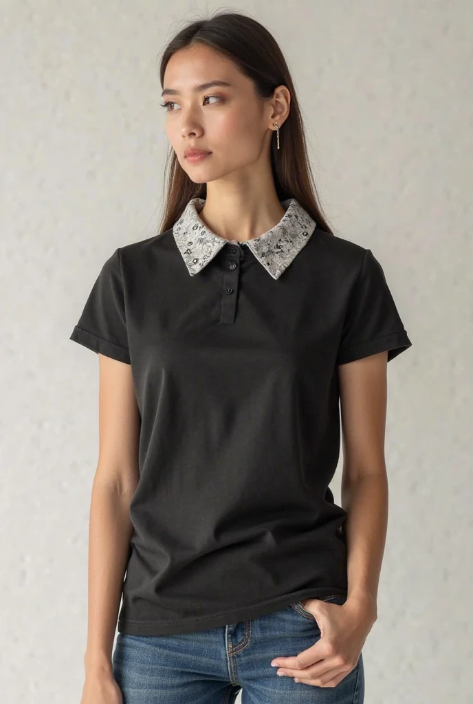 a woman in a black shirt polo and jeans poses for a picture, short sleeves, wearing polo shirt, collared shirt, front portrait, black, “organic, wearing a black shirt, or black, plain, black shirt, 3/4 front view, front-view, wearing a dark blue polo shirt, basic, black t shirt, collar on neck, no logo!!!