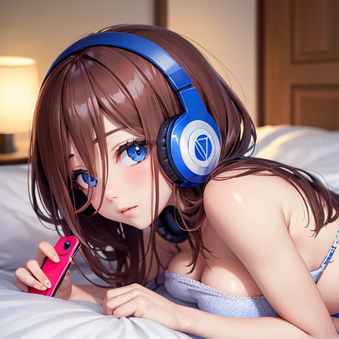 Mastepiece,masterpiece,highest quality,Super detailed,High resolution,8K Portrait,High definition CG of Unity 8k wallpaper,Cute,little:1.5,:1.5,Highly detailed CG Unity 8k wallpaper,Realistic,Real person, Portrait Photography,Shiny skin,High definition、(16 y),(1 girl),Beautiful clear eyes,extremely detailed description,Delicate face,Nice lips,Slim body,thin waist,Thin legs、(bed room:1.6),(blush:1.5),(Brown hair Medium long:1.3),(large breasts:1.2),(Headphones on neck),((underwear:1.3)),(Strike a Pose)