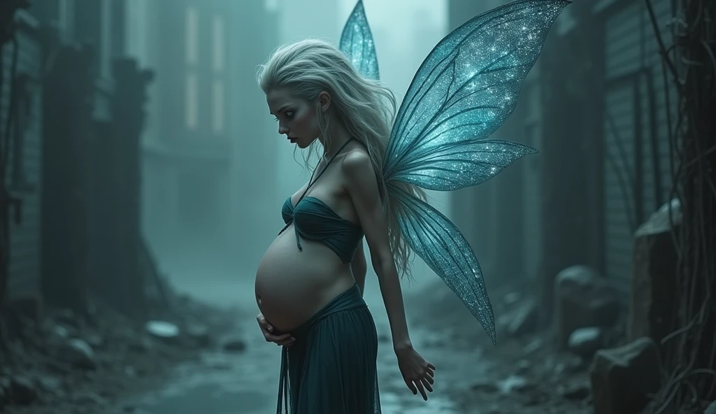8k, masterpiece, very realistic, Full body (Sexy pregnant fairy 1.2), very slim waist, slim thighs, elaborate detailed light blue detailed embroidered formal dress, transparent blue fairy wings, long straight flowing wavy blonde hair, elaborate detailed patterned white stockings, medium breasts, pregnant, (curved back 1.2), silver tiara with light blue gems, 