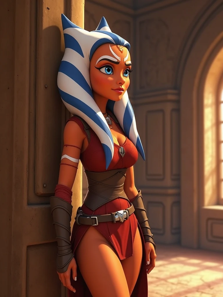 (masterpiece, best quality, ultra-detailed), AhsokaTano, (orange skin:1.2), blue eyes, makeup, medium breasts, blue shirt, vambraces, fingerless gloves, hip armor, blue skirt, blue leggings, sitting, legs open, looking at viewer, blush, indoors