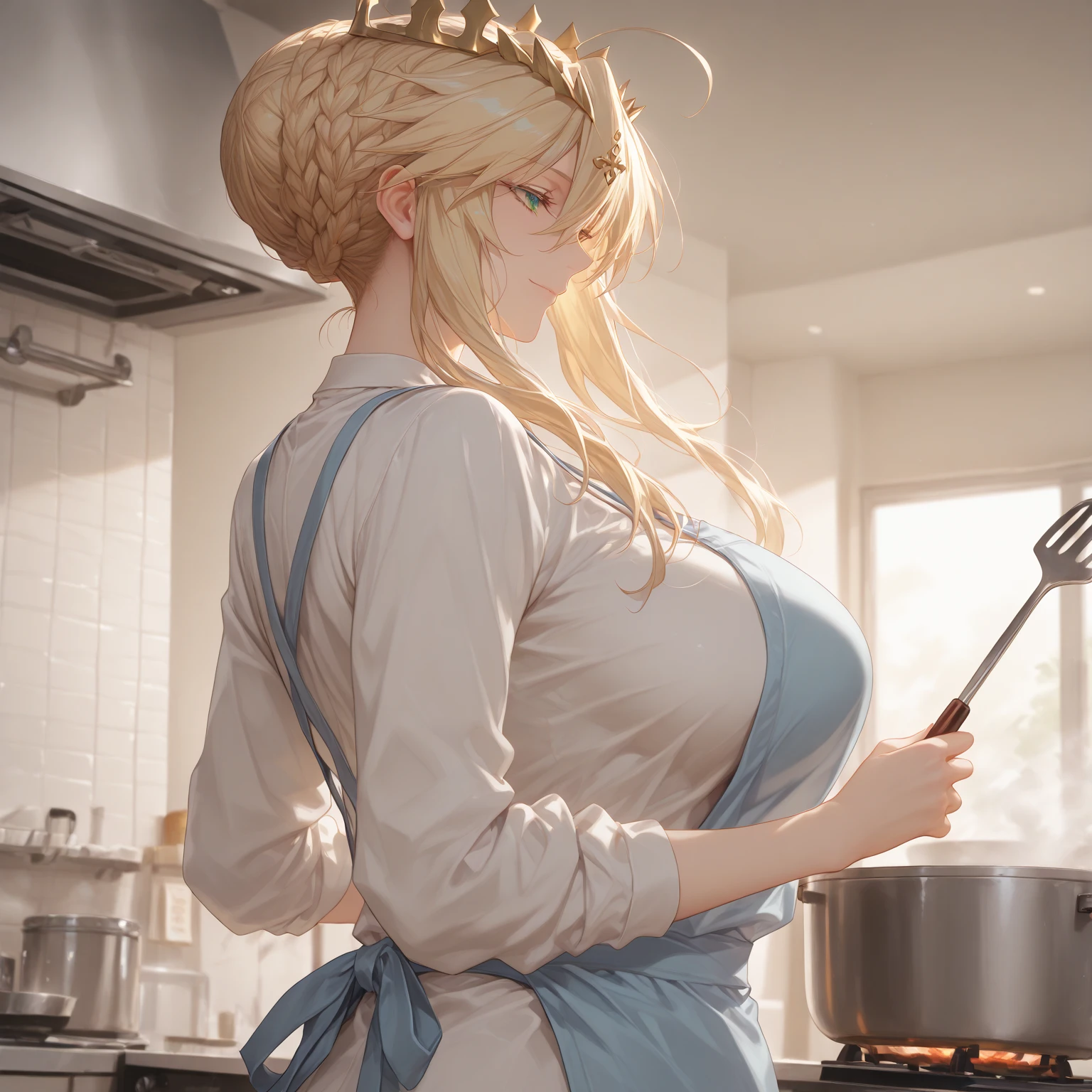 masterpiece, high quality, 4K, Beautiful design, silhouette,blonde, Very detailed,In the kitchen, wonderful, Finer details, Very knowledgeable woman, Very detailedソロ, 1 female,Big Breasts,Butt,cooking エプロン,cooking,