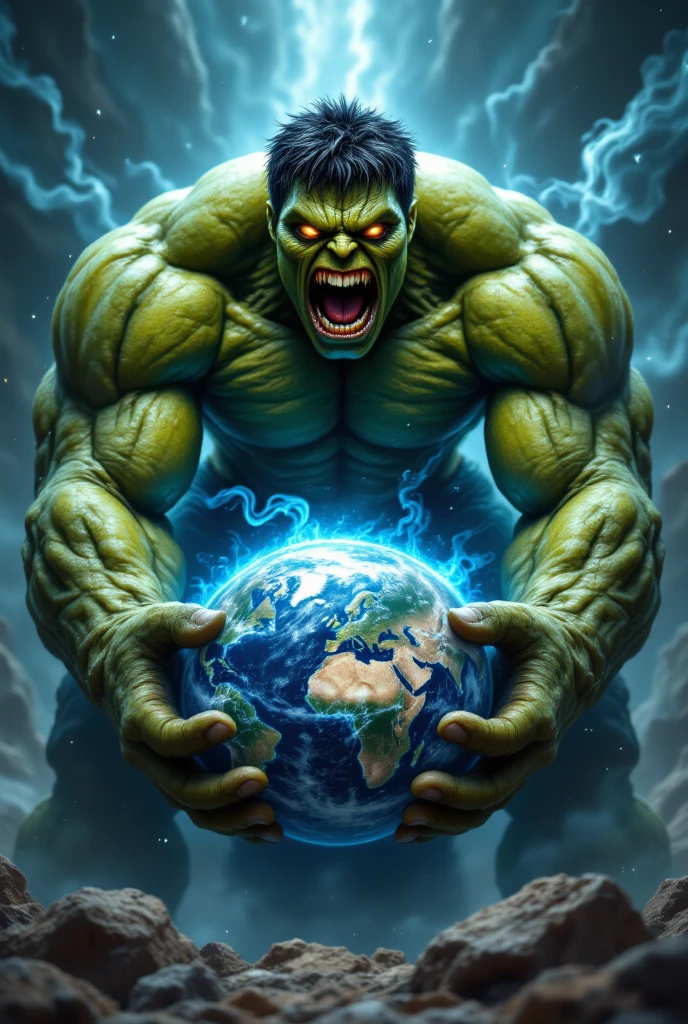 Hulk lifting planet Earth the planet looks small Hulk is huge compared to the planet make the planet as small as possible