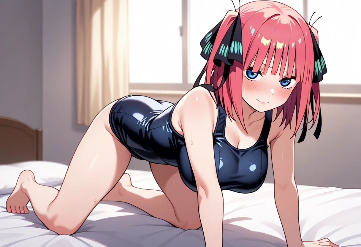 best quality, insanely detailed, nino nakano, breasts, blush, bedroom background, looking at viewer, pussy, one-piece swimsuit, cheerful eye, leg spread