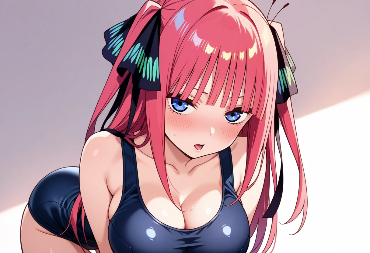1girl, alone, Nino nakano, medium hair, pink hair, hair decorations, butterfly decorations, decorations on both sides of the head, bangs covering the forehead, blue eyes, left eye winking, embarrassed, open mouth, irritated expression, arms behind the neck, pink bikini, decoration of black vertical lines, floral print of roses with white outline, pink thong, with print of black vertical lines, print of roses with white outline