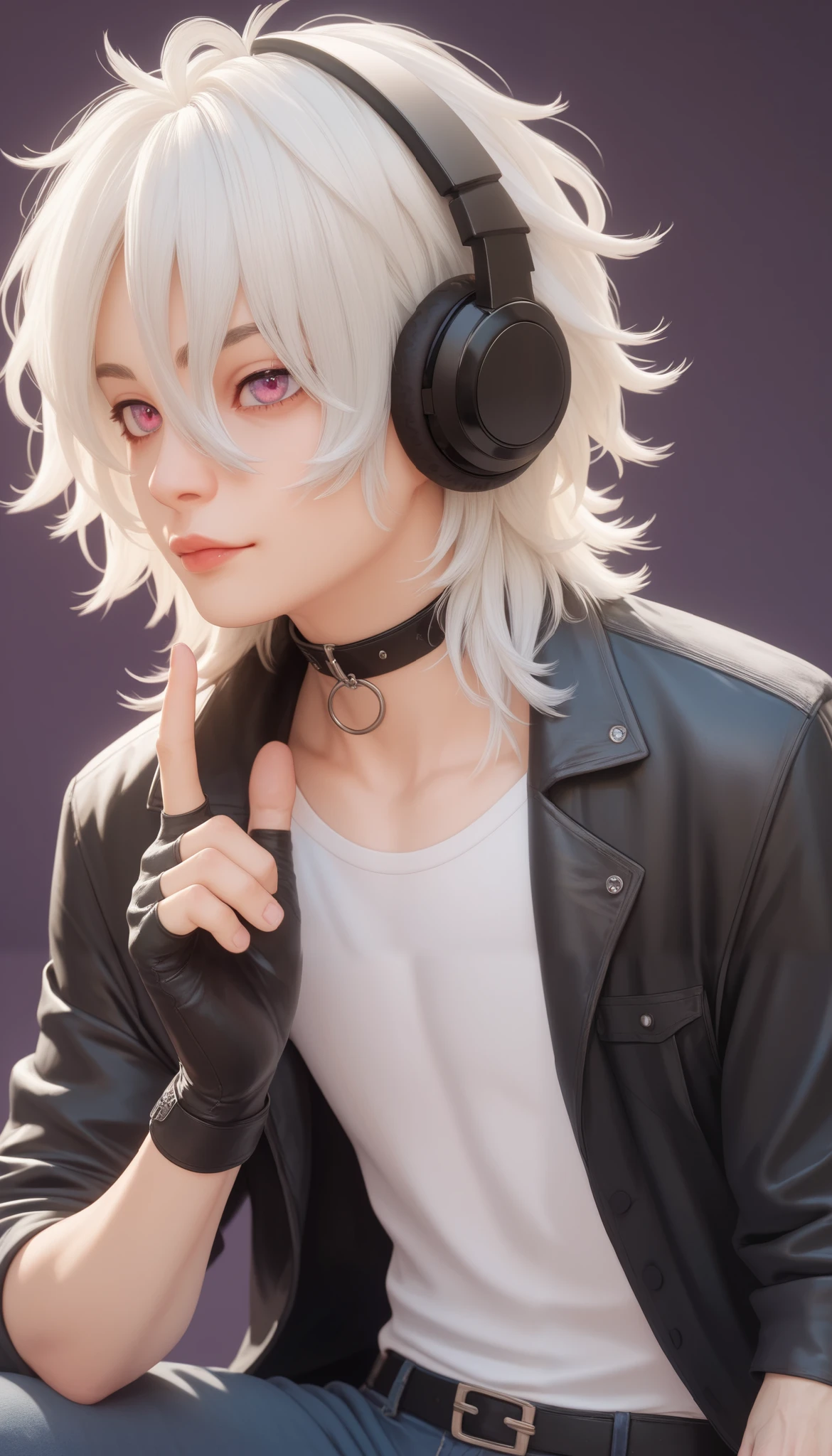 A young man, he has very light pink baby eyes and pale skin, he has white hair and neck length, with a long and messy fringe, he wears a white shirt with an open black jacket and black jeans, has headphones hanging around the neck and wears a black fingerless glove on one hand, black collar around the neck. Loose hair (straight hair) (neck-length hair) (long, disheveled bangs) looking young. Flat dark purple background