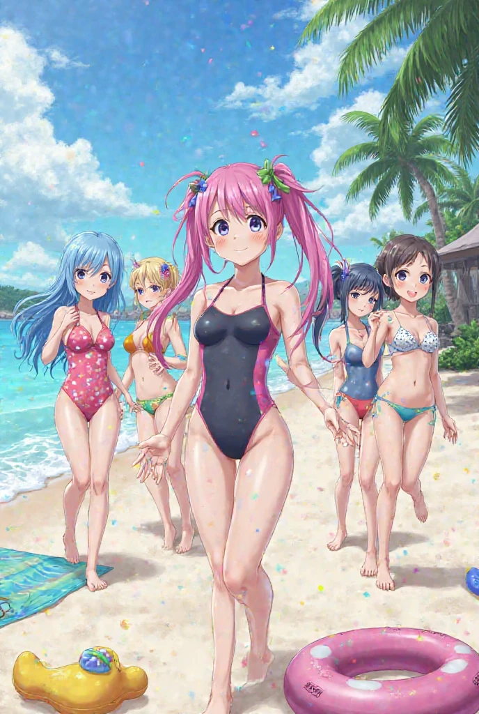 White sand beach、beautiful sea、((Two 14 year old girls))、Girls applying sun oil to each other under a parasol on the beach、The girls are messing around、The girl is lying down、The girl is wearing a colorful bikini、Bikini strings are undone、Multicolored Hair、Twin-tailed girl and ponytailed girl、White skin、footjob,