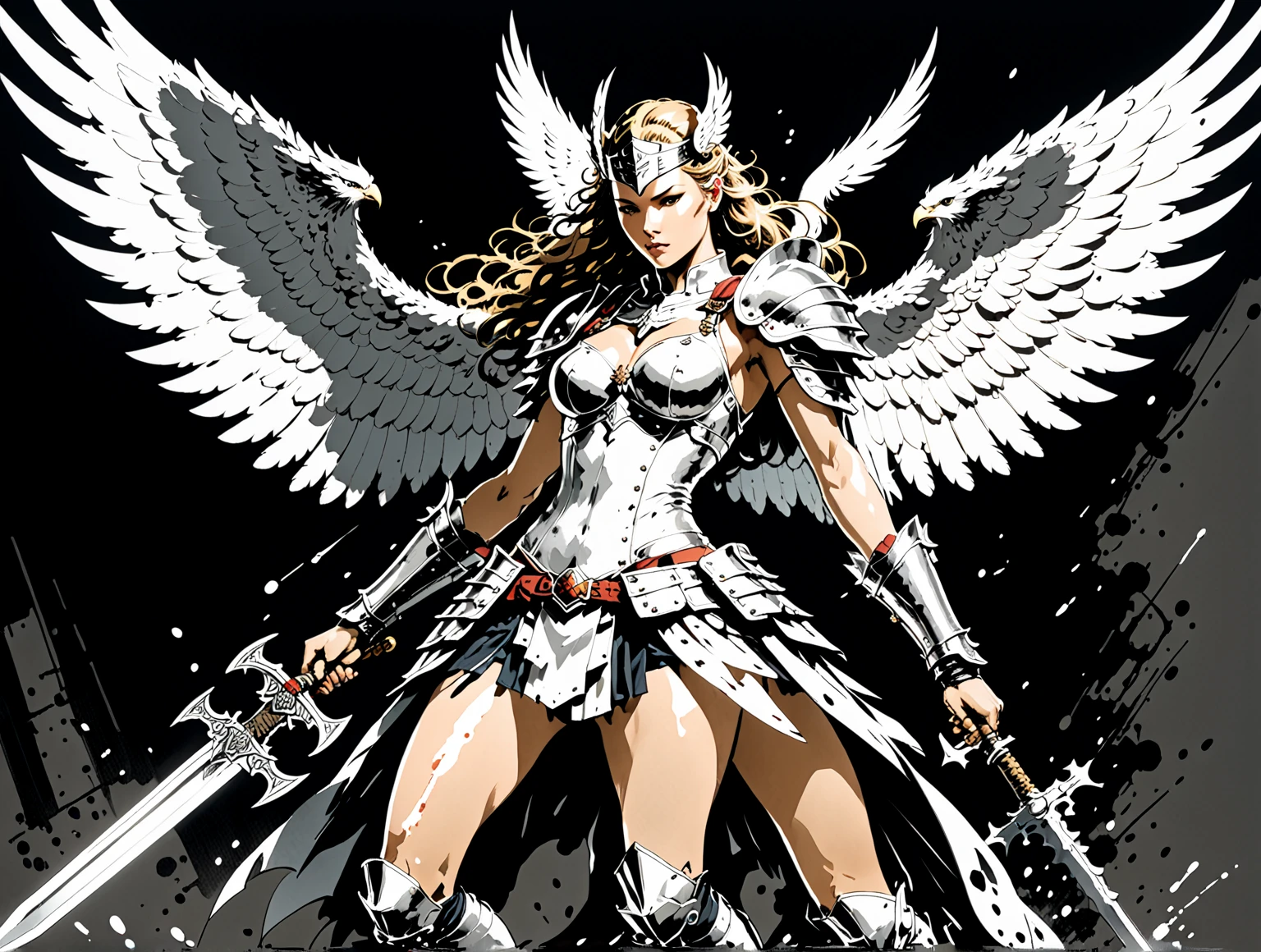 platinum-blonde woman, red fashion dress with rainbow glass angel wings, epic fantasy art <lora:sdxl_lora_angel:1> in the art style of Larry Elmore
