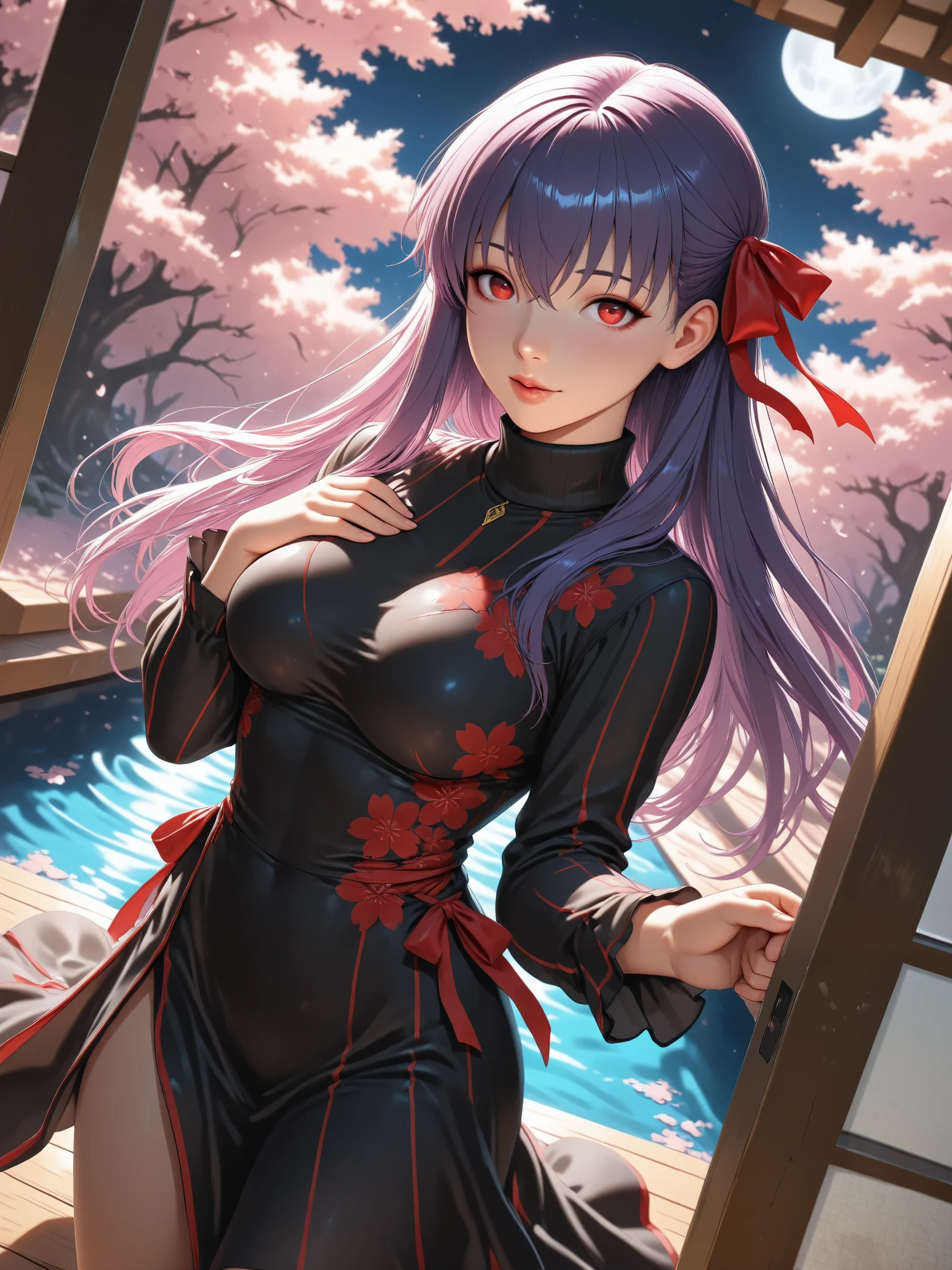 ((Best Quality)),( super high definition),(Super detailed),( detailed description ),((The best CG)),(masterpiece), source_anime,
Sakura _Matou, long hair, red eyes, purple hair, hair ribbon, red clear eyes, iris,dark persona, corrup tion,realistic,Cherry blossoms falling、Reflections on the surface of the water
dress, black dress, turtleneck, striped, long sleeves,
outdoors, moon, night, night sky, (she hold a bow and aim at a viewer)
looking at viewer, dutch angle, cowboy shot, (The floor is covered with water and reflects the cherry blossom scenery at night),(Fantastic Scenery:1.5),(the floor is covered with water:1.2),