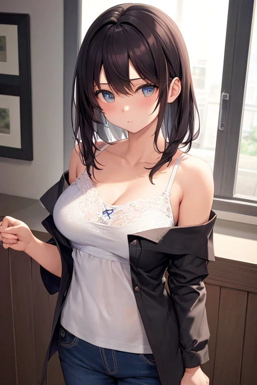 ((masterpiece)), ((best quality)), ((highest quality)), ((ultra-detailed)), ((8k cg wallpaper)), ((extremely delicate and beautiful)), ((illustration)), (high resolution), 1lady, black hair, straight hair, smile, turtleneck sweater, skirt, large breasts, office, looking at viewer, more_details:-1, more_details:0, more_details:0.5, more_details:1, more_details:1.5