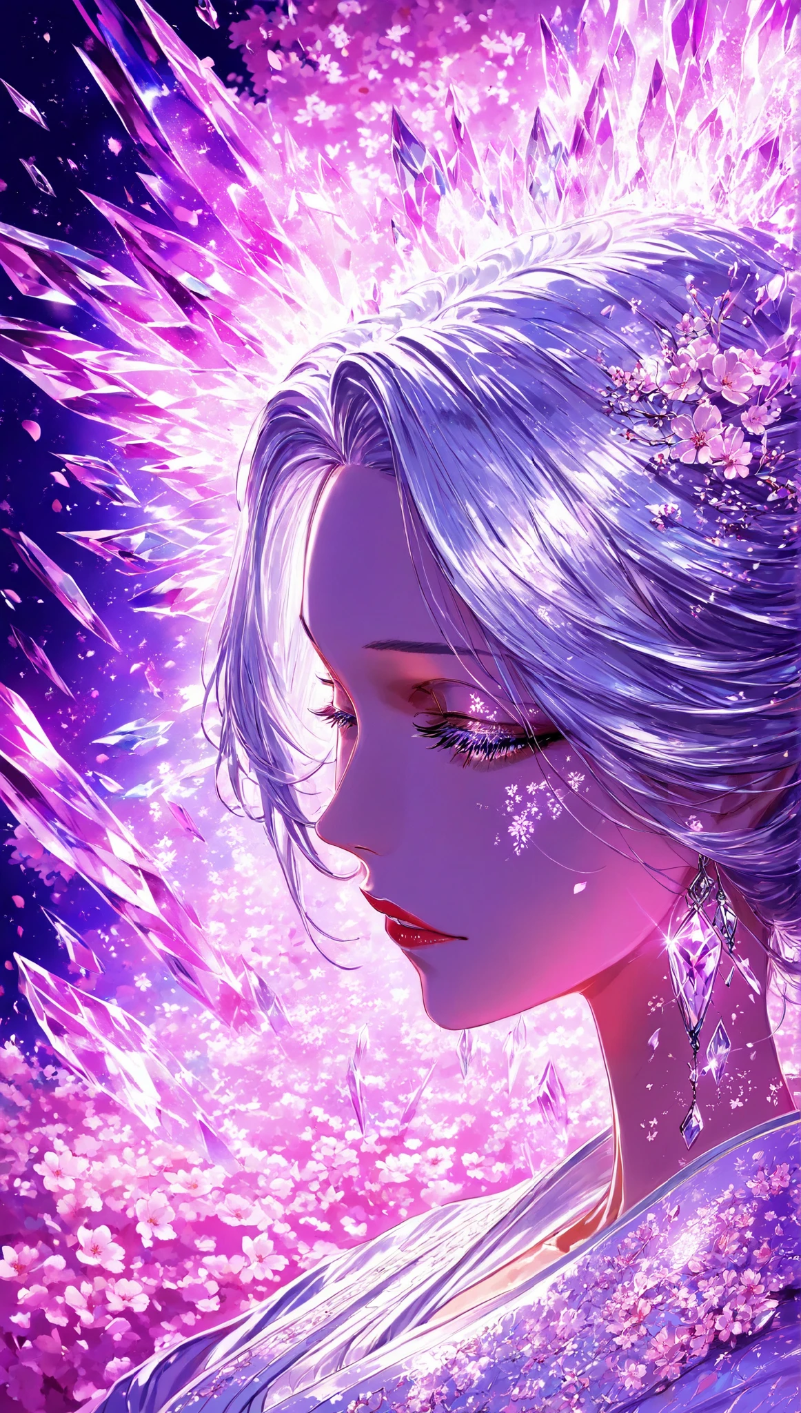 illustration , best quality , dramatic lighting , masterpiece , best quality , ultra-detailed , goddess, mature woman, with flowy silver hair, empress kimono, flower field background, cherry blossom trees, chromatic abbration, crystals, close up shot, (super sharp focus)