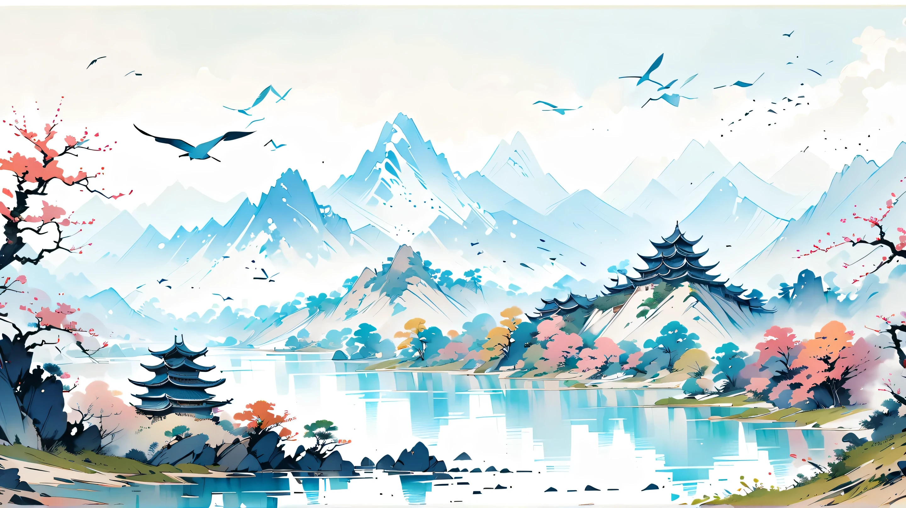 a painting of a mountain with a lake and pagodas in the background and birds flying around it