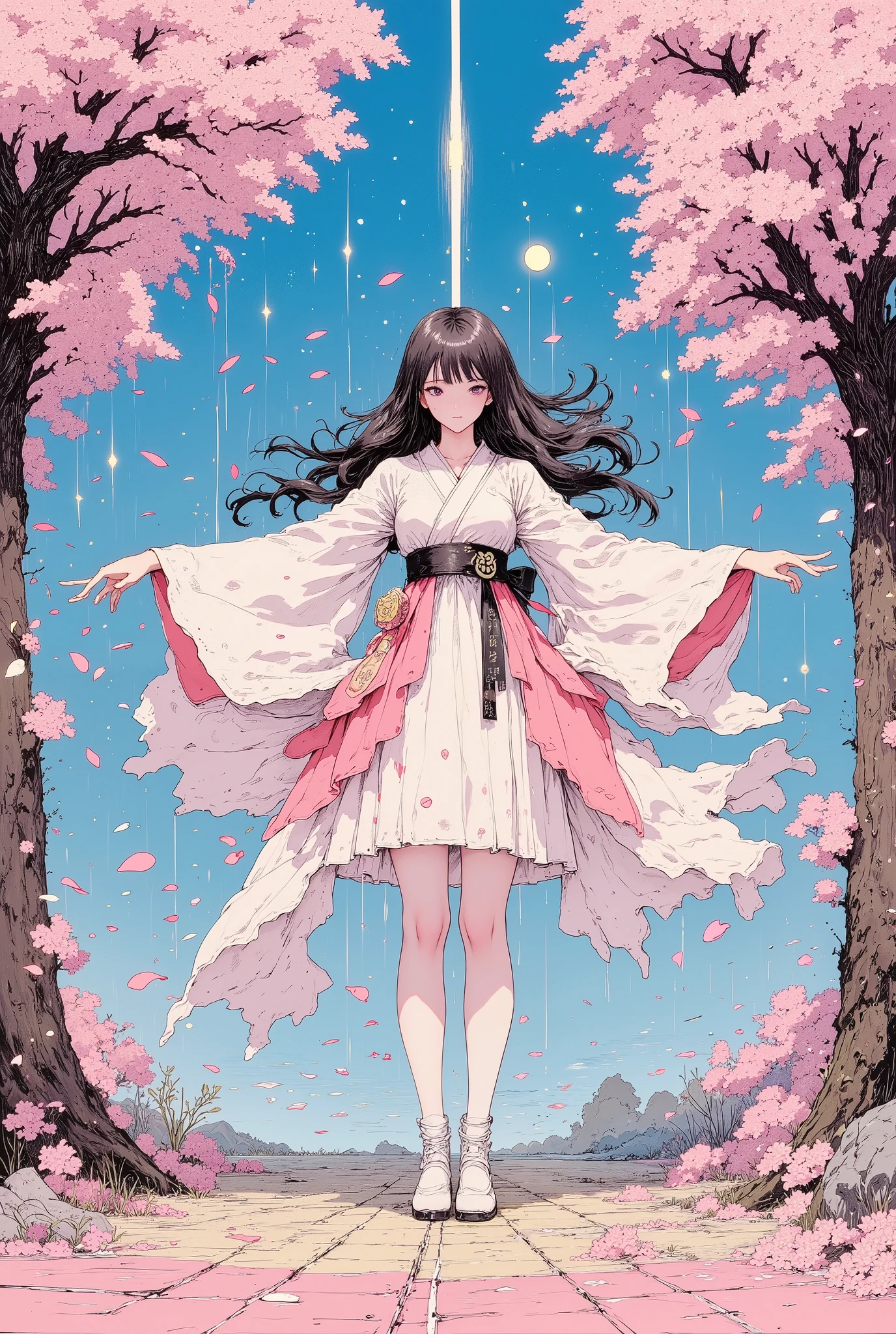 ((View from below and ground level shot)), High Definition, masterpiece, Accurate, top quality, High Definition model, high detail, (((The textures are soft))), ((matte and toy-like with a handmade premium look)), (((Tim Burton style))), ((She is spreading her arms, closing her eyes, and basking in the breeze in a pleasant manner.)), (((looking up))), (((miko clothes))), Amaterasu, Amaterasu-ōmikami, Ōhirume-no-muchi-no-kami, Shinmei, Tenshō-daijin, Tenshō-kodaijin, (((Crepuscular rays, sunburst))), beautiful woman, perfect body, wide , , anime style, simple lines, Cherry Blossom Tree-Lined Path, spring, cherry blossom tree, blue sky, (petals:1.3), wind, (intricate details:1.1), beautiful detailed, beautiful hair, 1girl, japanese, blush, five fingers, ((Pupil details)), ((five fingers)), Anatomically correct, 