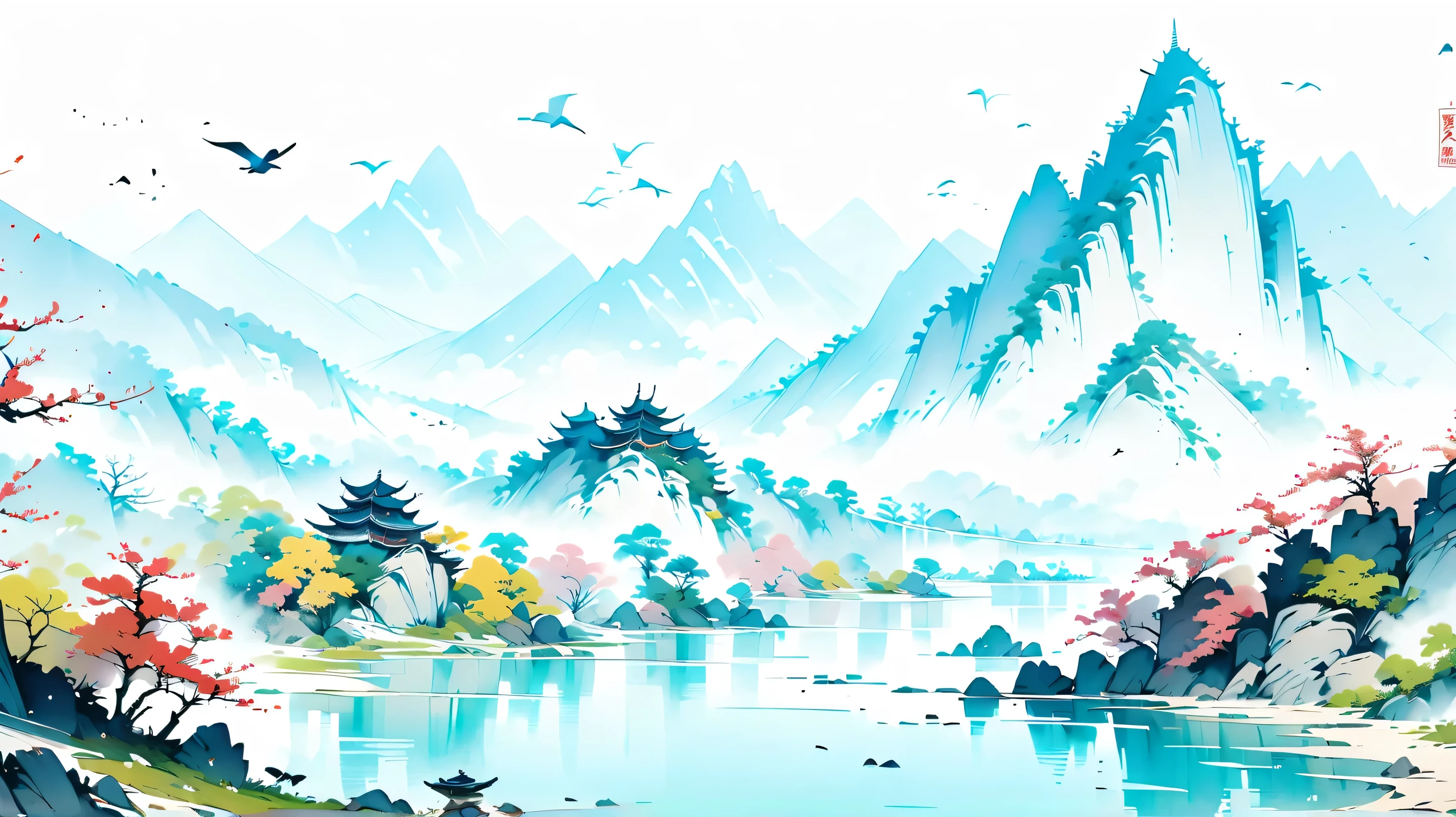 a painting of a mountain with a lake and pagodas in the background and birds flying around it