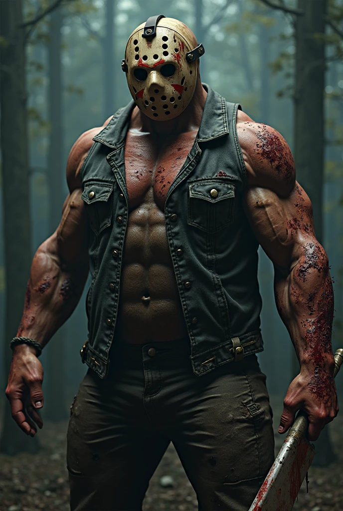 (masterpiece, 4K, ultra detailed), Jason Voorhees, tanned body, single, masculine, sunny, lake, cartoony, realistic, single Jason's white mask, shirtless, muscular, eight-pack, red shorts