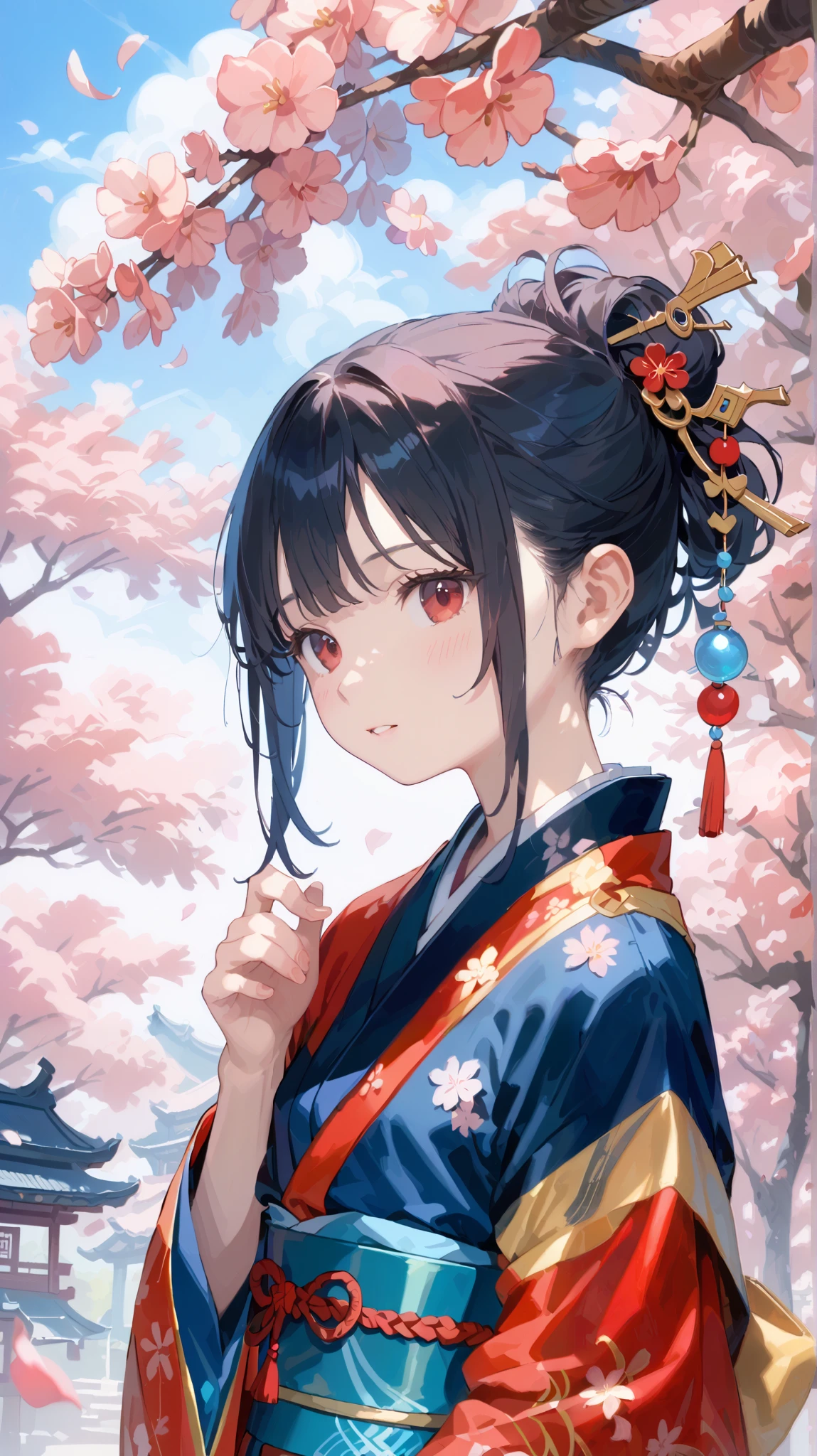 Goddess of Cherry Blossoms , Let your hair down, Hair is black, bungs, Red Eyes, masterpiece, best quality, very detailed, shape, one girl, alone, high resolution, realistic, 超high resolution, (Original shape composition), (limited edition color fusion,Maximalism Art Style, Kimono Fashion, Beautiful Weeping Cherry Blossoms、Cherry blossom background、 light pink background