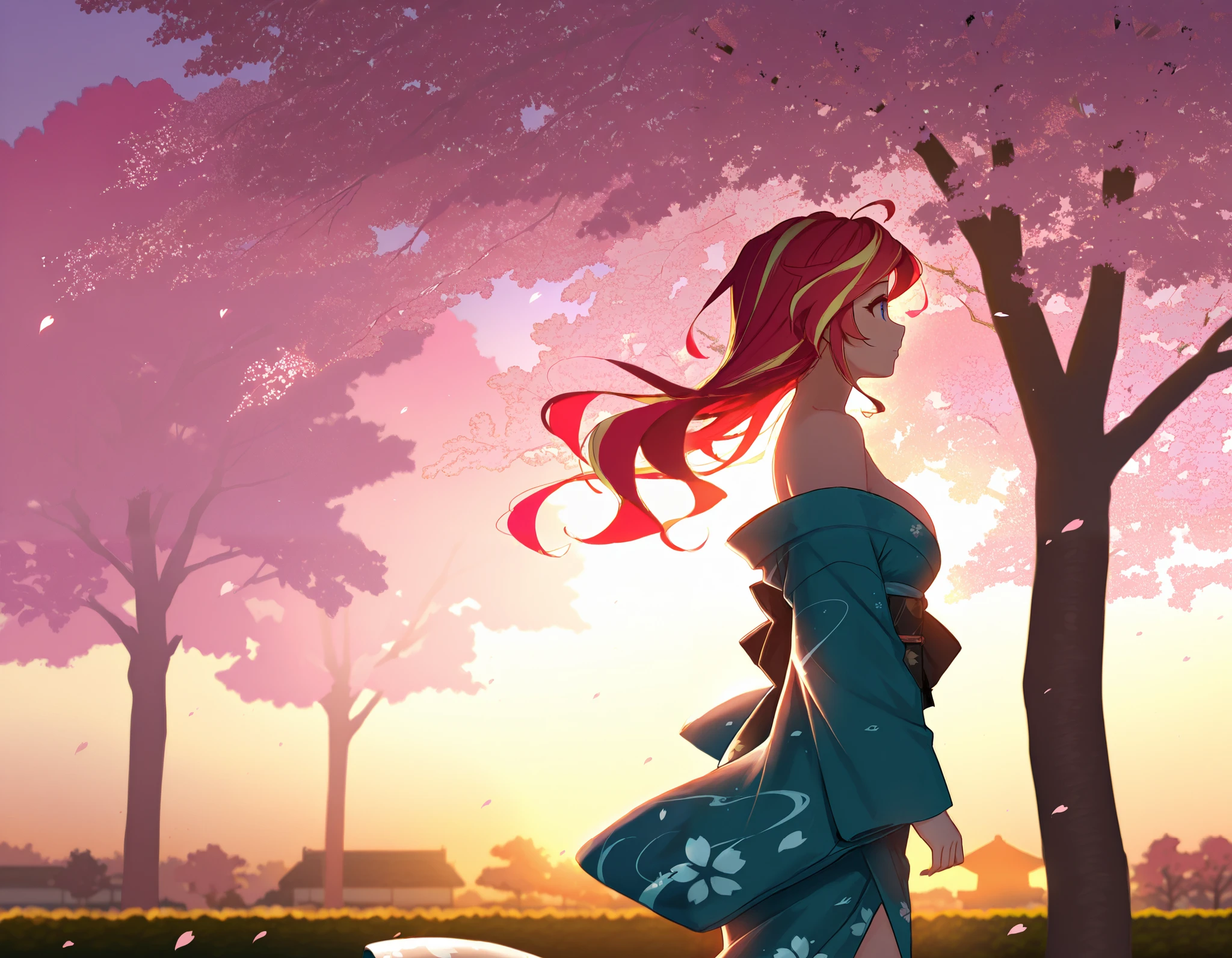 Sunset shimmer, walking through a serene garden full of beautiful blossoming cherry blossom trees, cherry blossom, sakura petals falling from the trees and filling the air, atmospheric, wearing a kinomo, kimono off shoulders, in profile, from side, evening, the setting sun shines through the trees and petals, sunlight illuminating her hair and silhouette, very detailed, cinematic, masterpiece