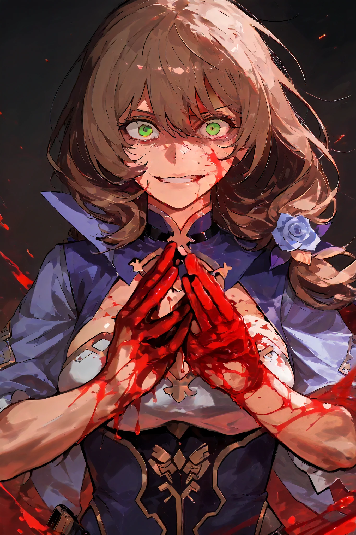 (Masterpiece, absurdres, topquality) 1girl, maturefemale, lisa minci, brown hair, green eyes, long hair, low tied hair, crazy expression, anime, cyberpunk, cyberpunk outfit, front view, blood swirl in hands, blood spoots in face
