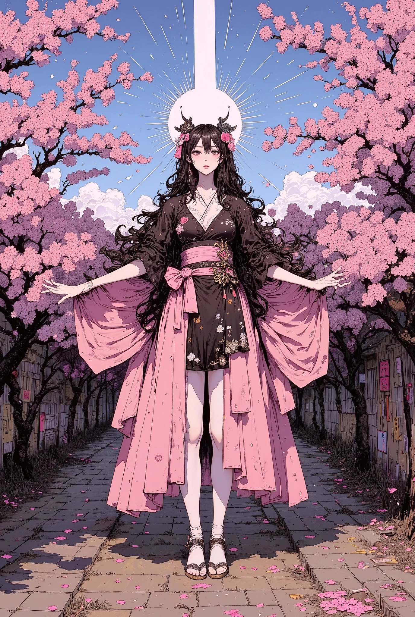 (((dramatic angle))), (close up shot:1.8), High Definition, masterpiece, Accurate, top quality, High Definition model, high detail, (((The textures are soft))), ((matte and toy-like with a handmade premium look)), (((Tim Burton style))), ((She is spreading her arms, closing her eyes, and basking in the breeze in a pleasant manner.)), (((looking up))), (((miko clothes))), Amaterasu, Amaterasu-ōmikami, Ōhirume-no-muchi-no-kami, Shinmei, Tenshō-daijin, Tenshō-kodaijin, (((Crepuscular rays:1.8, sunburst:1.8))), beautiful woman, perfect body, wide , , anime style, simple lines, Cherry Blossom Tree-Lined Path, spring, cherry blossom tree, blue sky, (petals:1.6), wind, (intricate details:1.1), beautiful detailed, beautiful hair, 1girl, japanese, blush, five fingers, ((Pupil details)), ((five fingers)), Anatomically correct,