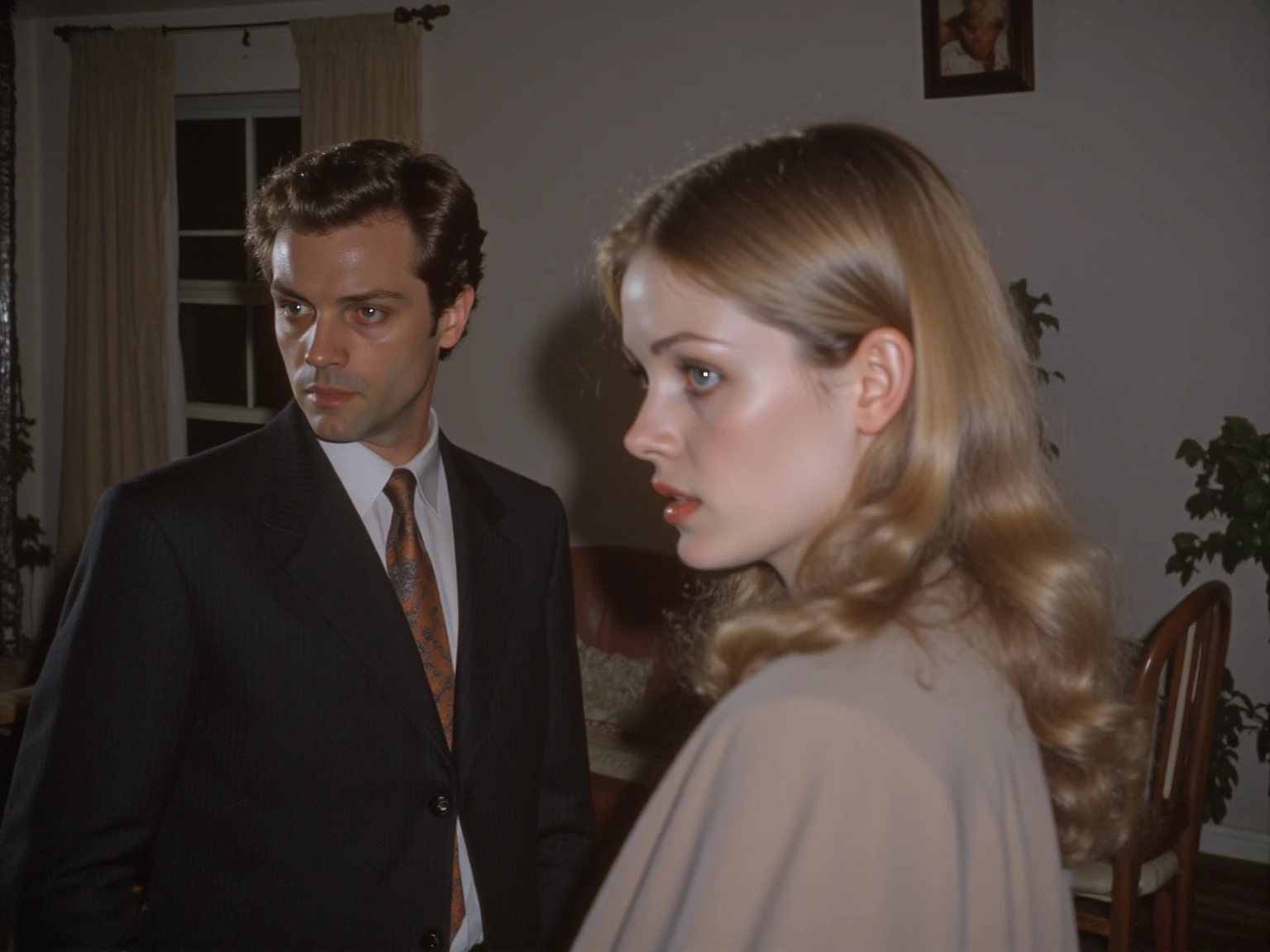 Cinematic shot, 1940's style, photo by Erwin Olaf, Stanley Kubrick style, a woman wearing a yellow dress and a yellow loom, brown hair, wearing a brown pantyhose, leaning back on a wall, next to a door, while another man is waiting on a corridor on the another side of the hotel corridor, crime scene, police, detective, American Dream style, suspense,