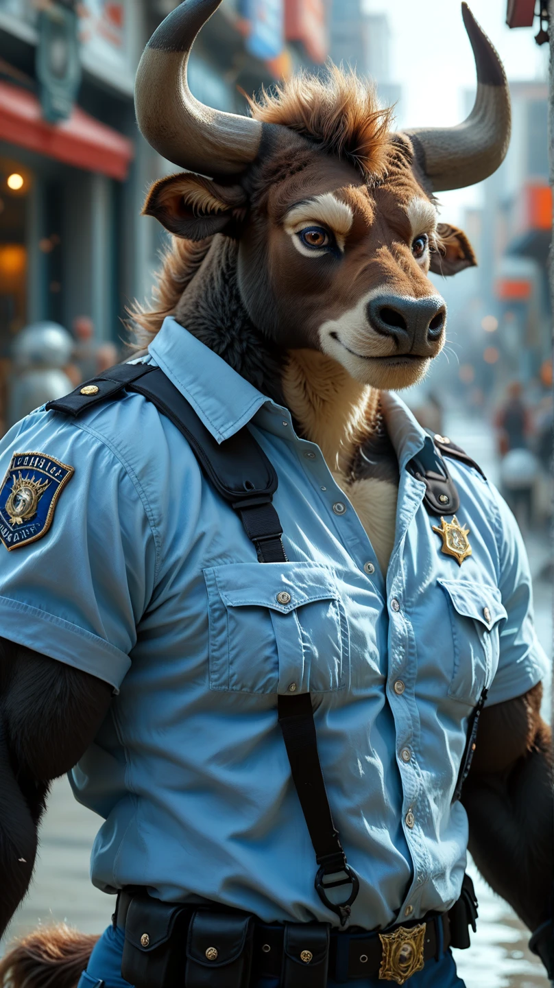 male anthro water buffalo , dynamic pose, bust portrait, police uniform, detailed background, America, black fur, photorealism, hdr, brown eyes, buffalo tail, muscular, belly, furry, mysterious smile
BREAK score_9_up,score_8_up,score_7_up,score_6_up,score_5_up,score_4_up,