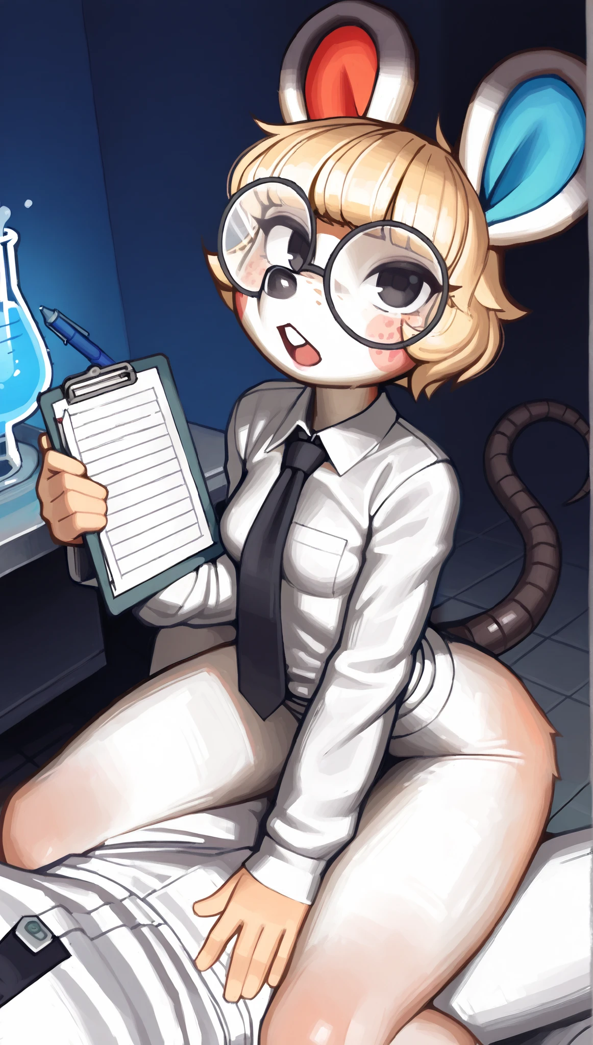 ((perti)), ((Animal Crossing)), ((pixelsketcher)), ((wamudraws)), ((masterpiece)), ((high resolution)), ((solo portrait)), ((high angle)), {(attractive figure), (skinny body), (small breasts), (beautiful legs), (white fur), (large black nose), (large mouse ears), (right red inner ear), (left blue inner ear), (long black mouse tail), (short blonde hair), (cute black eyes), (cute buck teeth)}, {(grey button-up shirt), (black necktie), (white pants), (round glasses), (foggy glasses)}, {(kneeing on floor), (sitting on legs), (hands in lap), (holding clipboard and pen), (looking up at viewer)}, ((laboratory))