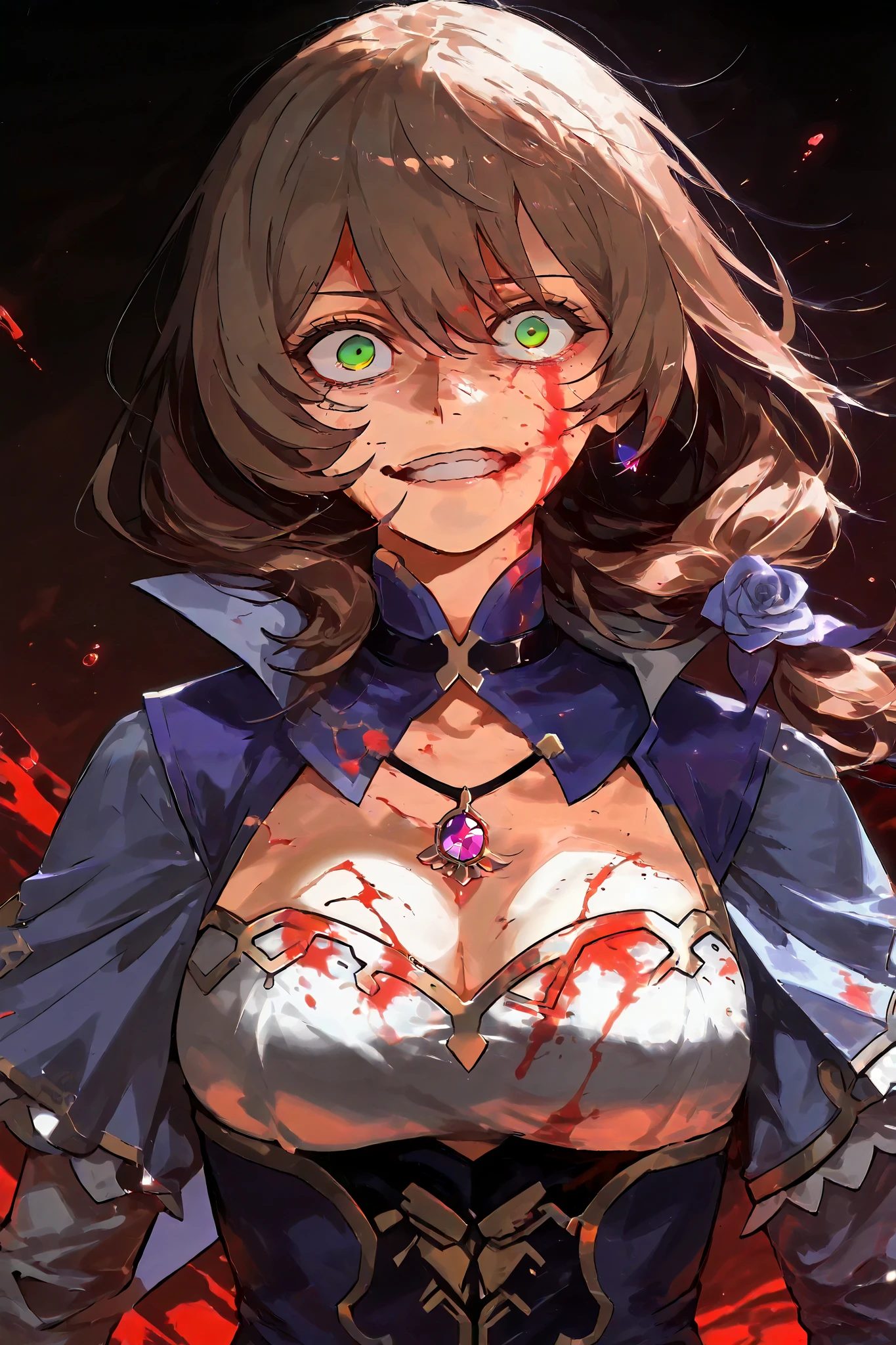 (Masterpiece, absurdres, topquality) 1girl, maturefemale, lisa minci, brown hair, green eyes, long hair, low tied hair, crazy expression, anime, cyberpunk, cyberpunk outfit, front view, blood spots on clothes, blood swirl in face