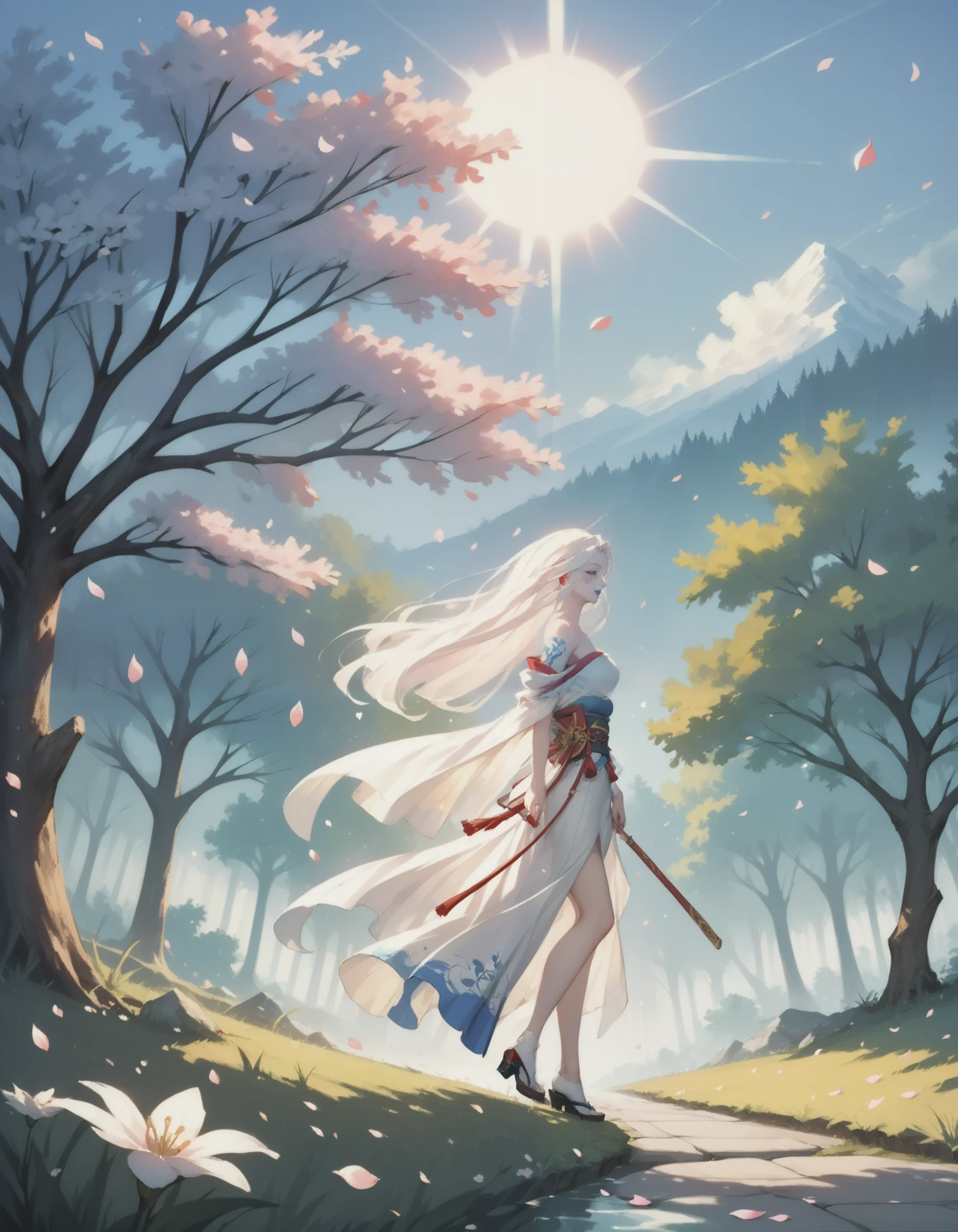 Jarael, alabaster white skin, blue tattoos, facial mark, blue lips, walking through a serene garden fullbof beautiful blossoming cherry blossom trees, cherry blossom, sakura petals falling from the trees and filling the air, atmospheric, wearing a kinomo, kimono off shoulders, bare leg, in profile, from side, evening, the setting sun shines through the trees and petals, sunlight illuminating her hair and silhouette, very detailed, masterpiece