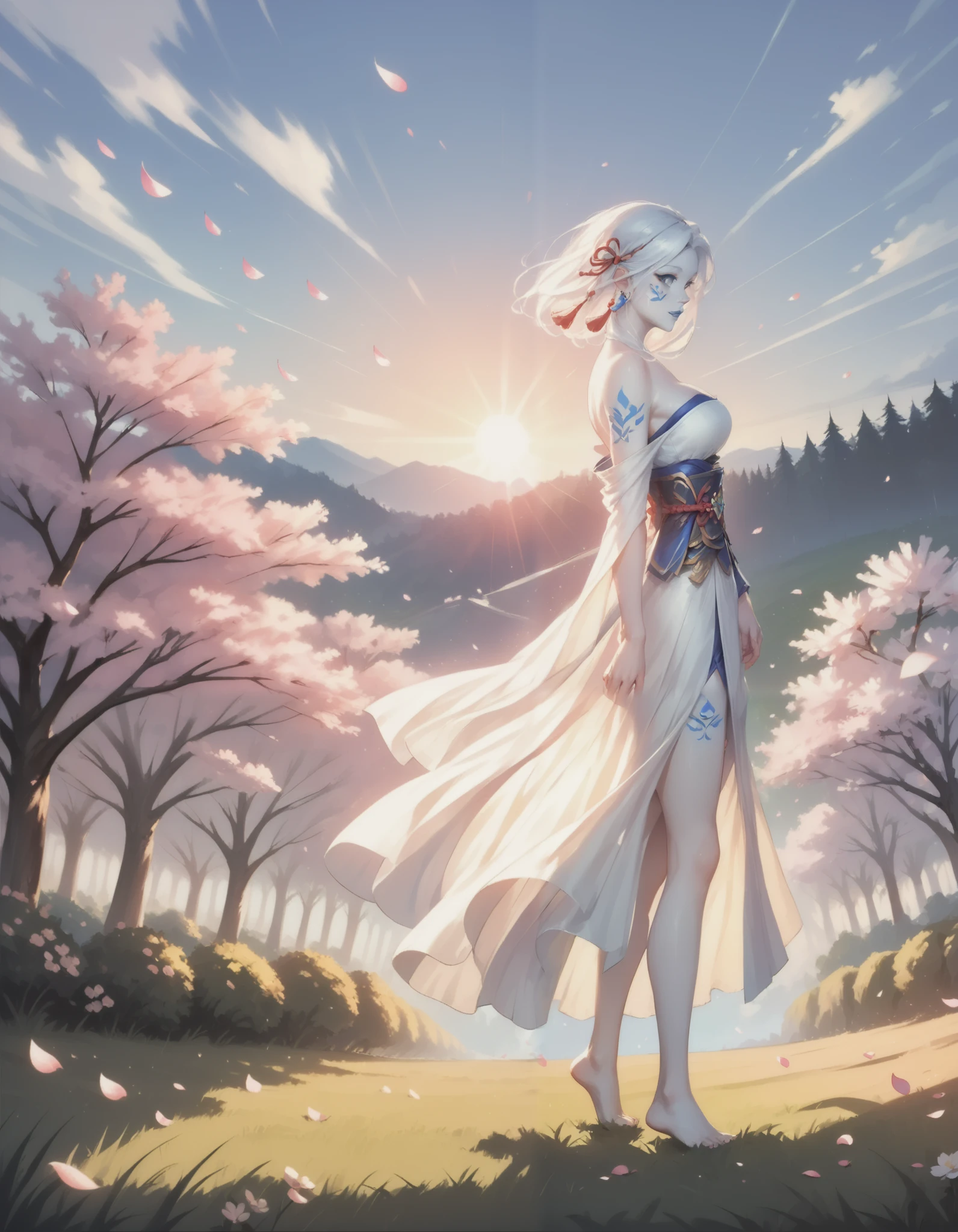 Jarael, alabaster white skin, blue tattoos, facial mark, blue lips, walking through a serene garden fullbof beautiful blossoming cherry blossom trees, cherry blossom, sakura petals falling from the trees and filling the air, atmospheric, wearing a kinomo, kimono off shoulders, bare leg, in profile, from side, evening, the setting sun shines through the trees and petals, sunlight illuminating her hair and silhouette, very detailed, masterpiece