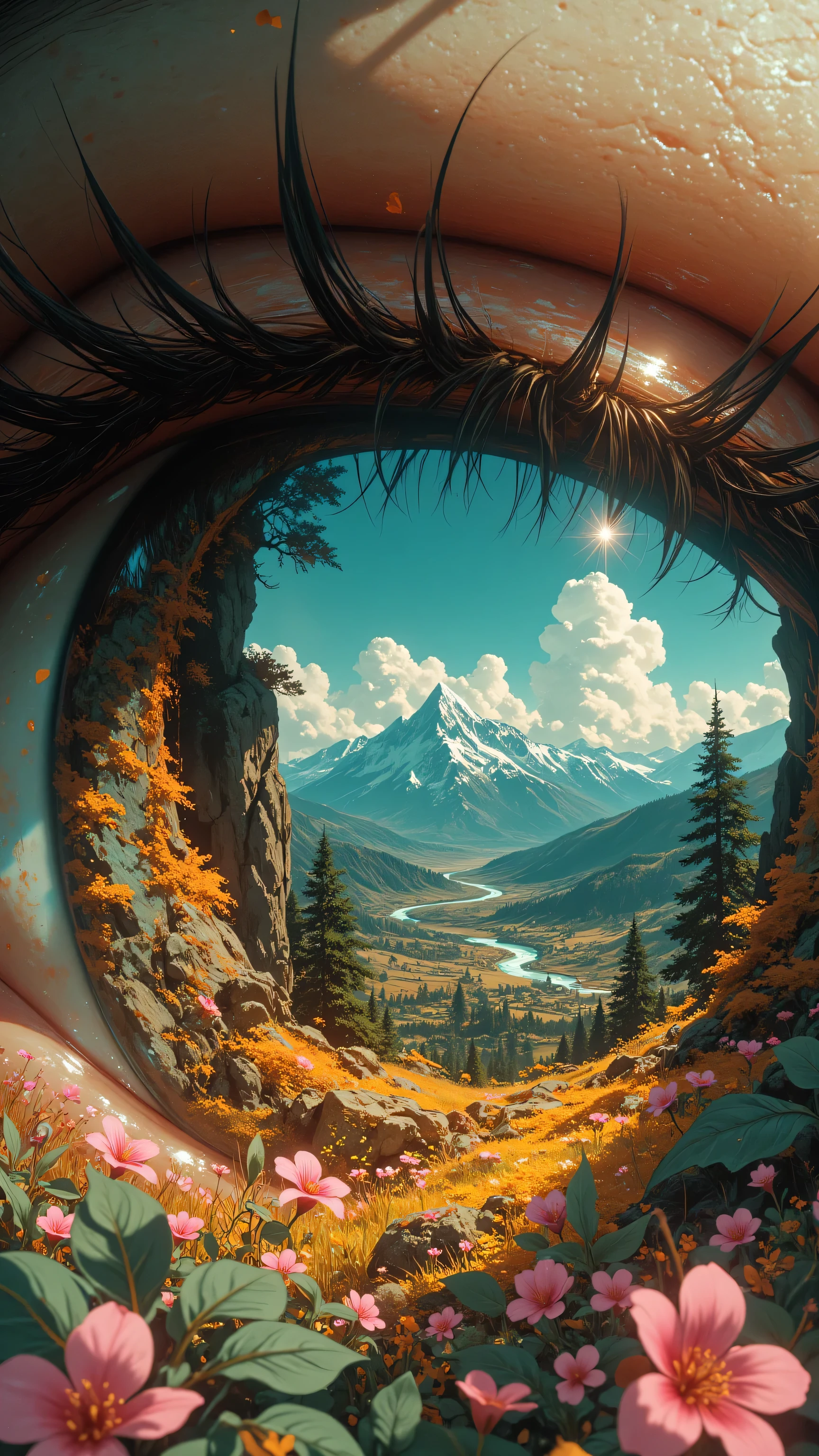 8k, Masterpiece, Top Quality, Close-up, eye, iris, landscape, eyelashes, skin, texture, shading, teal, gold, brown, swirling, mountain, river, valley, autumnal, turquoise, hazy, distance, flowers, pink, petals, eyelid, dreamy, surreal.