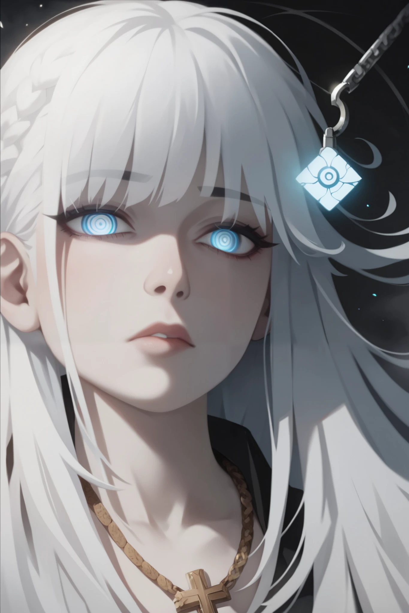 (Masterpiece), (best quality), (ultra-detailed), 8k, cinematic lighting, sharp focus, full body shot, solo, 1girl, pale skin, [white hair], long hair, [bangs], stoic expression, [spiral eyes], [concentric pupils], [dark markings under eyes], ancient being, [high-collared dark garment], [black clothing], [swirling blue-white energy], [dark background], mysterious, otherworldly, [subtle side lighting], [key light from above left], dramatic shadows, [blue and white accents], [smooth gradients], [painterly textures], [stylized hair and energy], depth of field, (good eyes)), ((clear eyes)), Death Devil