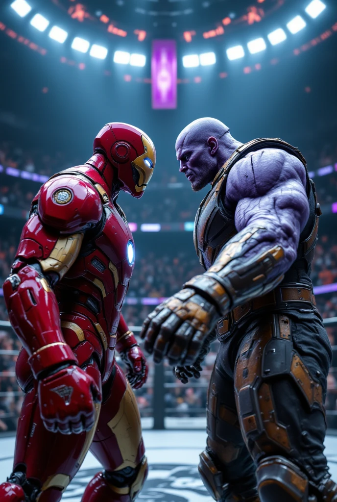 iron vs thanos in avengers war, picture of iron on the left in the ring punching thanos in the face, in the ring, boxing ring, many people chanting, thanos style characteristics, thanos, infinity stone, from avengers: endgame (2019), 4k wallpaper, epic video game art, medium close-up (mcu), by Mario Dubsky, by Gavin Nolan, wearing thanos armor, intricate battle pose, 8k