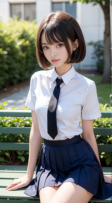 (Close-up:1.4)、(RAW photo:1.2)、(photorealistic:1.4)、(masterpiece:1.3)、(highest quality:1.4)、(Beautiful woman with perfect body:1.4)、solo、7 head and body、(cute face)、(cute:1.2)、(full body shot)、(panty shot:1.3)、(spread your legs:1.3)、beautiful detailed sky、night、wet、looking at the viewer、(sitting:1.5)、smile、big breasts、(beautiful detailed eyes)、(charming big eyes)、(beautiful double eyelids)、(beautiful and detailed face)、(short hair:1.1)、(brown hair)、(perfect anatomy:1.2)、(tie、pleated skirt、school uniform、white panties、white shirt、loafers、socks:1.3)、blurred background、outdoor、