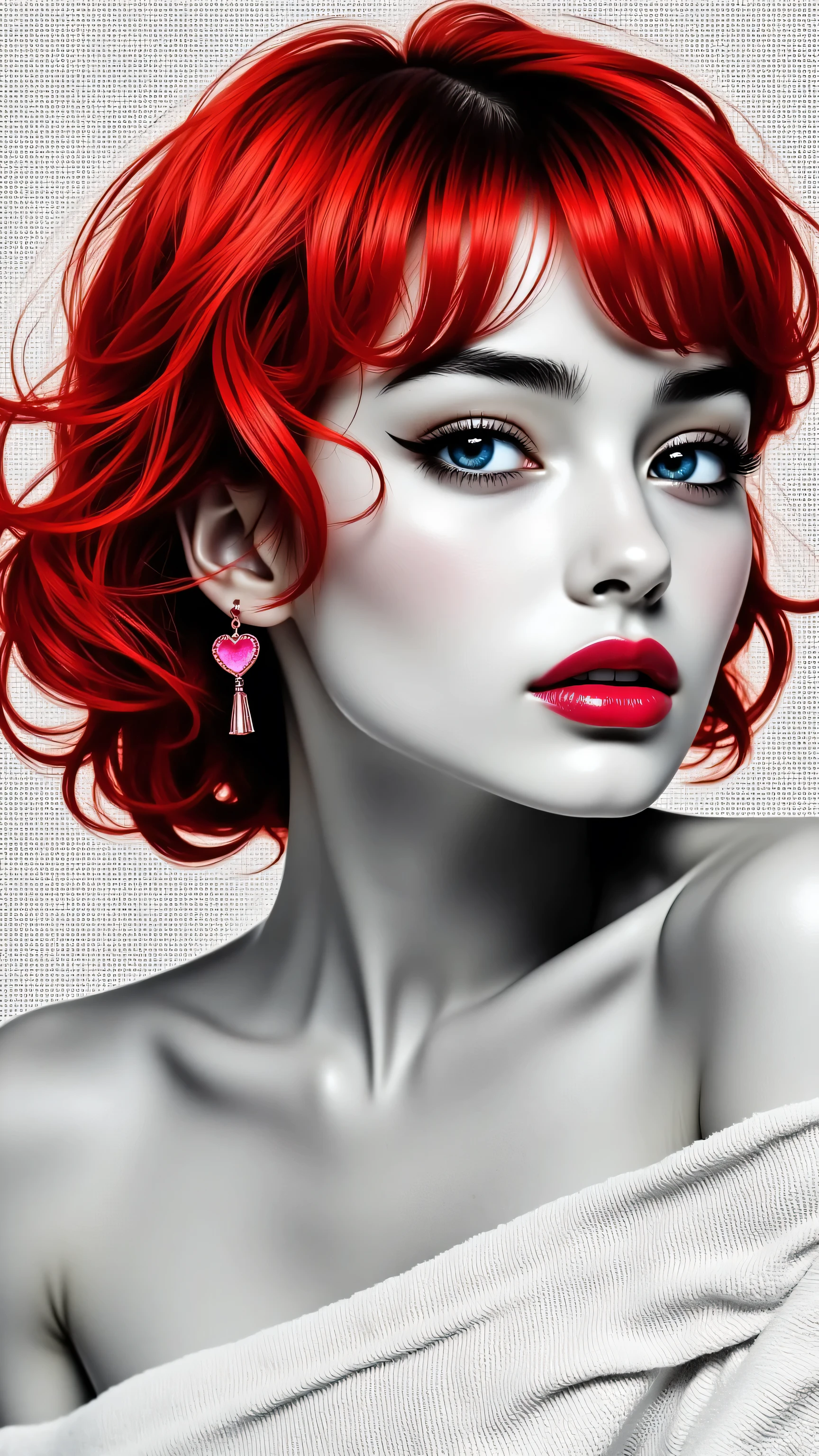 8k, Masterpiece, Top Quality, Three-quarter view,  vibrant red hair, voluminous curls, grayscale face, subtle makeup, emphasized eyes, lips,  simple off-shoulder garment, light-colored,  pink heart earring, dotted background, high contrast, dramatic effect, vintage pin-up, modern graphic art.