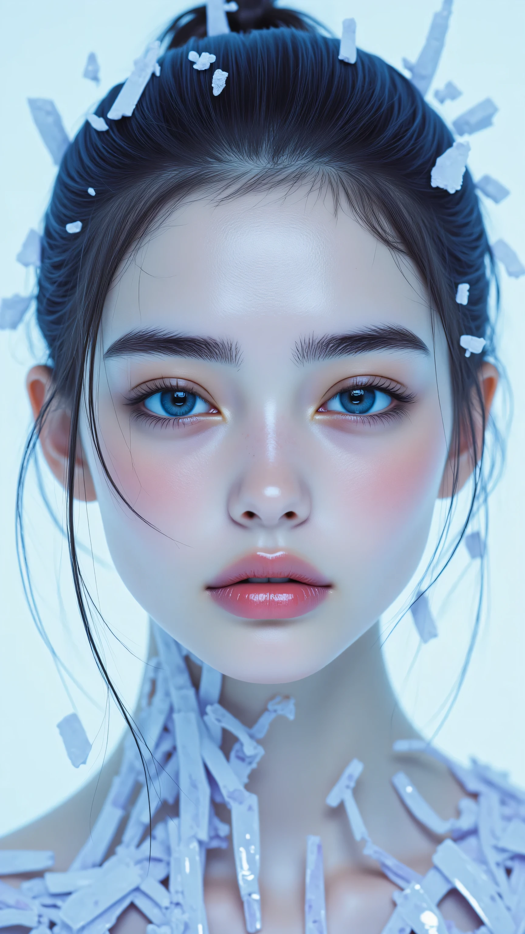 8k, Masterpiece, Top Quality, Close-up, frontal,  pale, bluish, skin,  blue, gold, makeup, serious, neutral, expression, pulled-back hair, smooth, sculpted, face, abstract, crystalline, technological, structures, geometric, shards, circuitry, translucent, pale-blue-white, seamless blend, soft gradient, pink, light purple, contrast, cooler tones, stylized, fantasy, science fiction, digital art, soft, even, lighting.